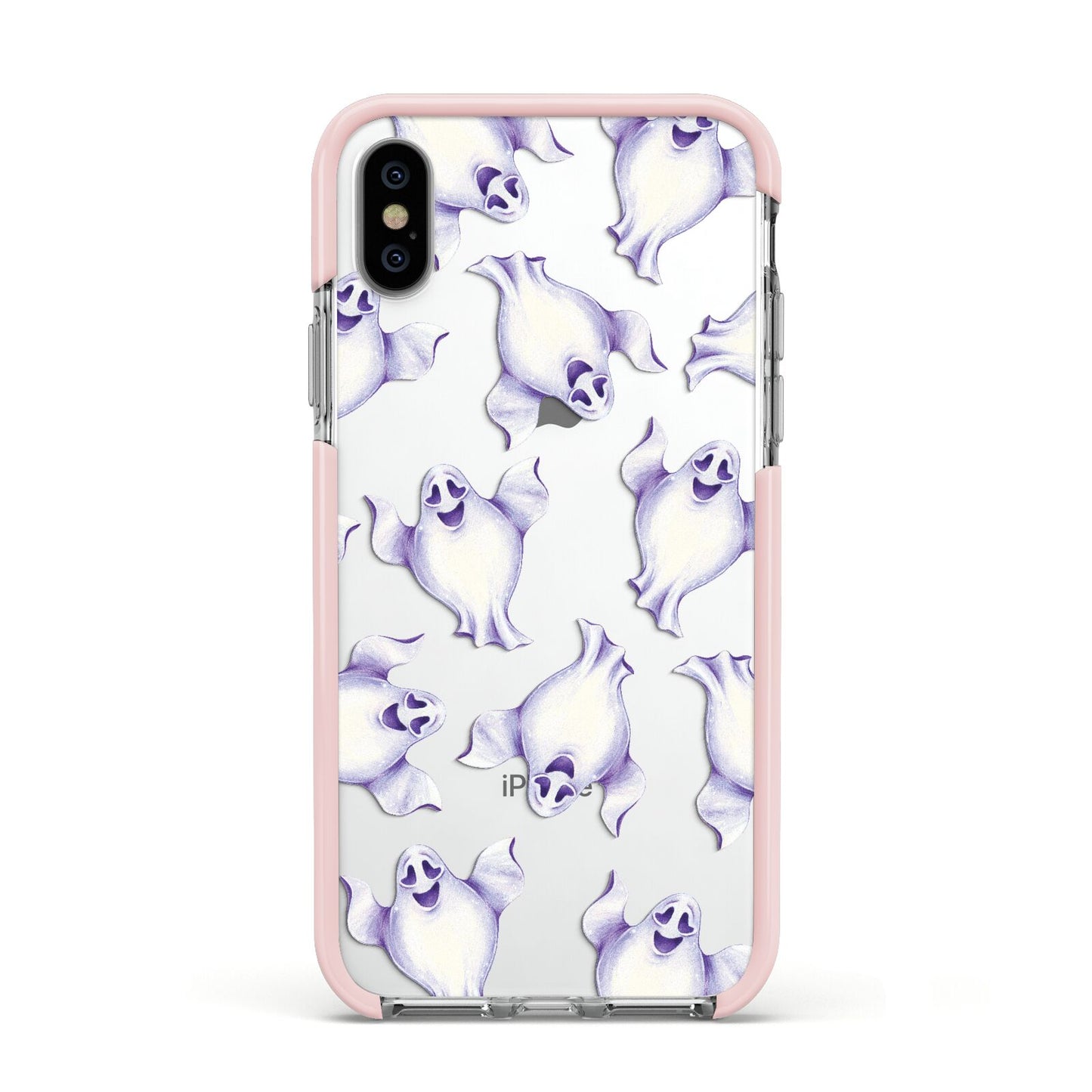 Ghost Halloween Apple iPhone Xs Impact Case Pink Edge on Silver Phone