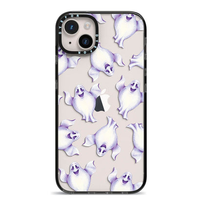 Ghost Halloween iPhone 14 Plus Black Impact Case on Silver phone