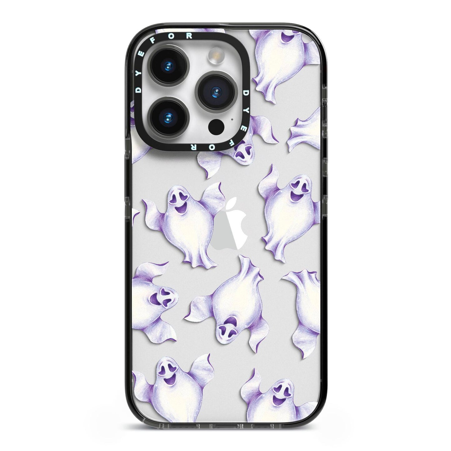 Ghost Halloween iPhone 14 Pro Black Impact Case on Silver phone