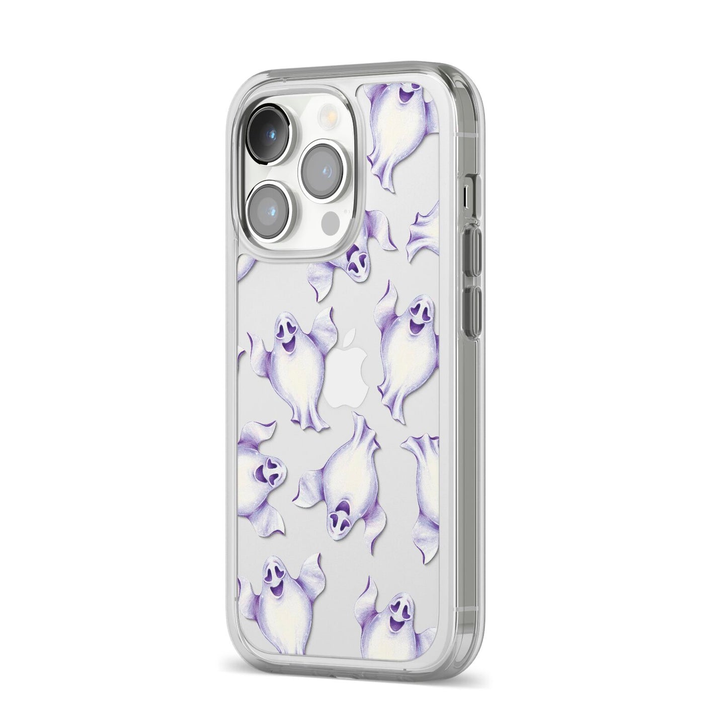 Ghost Halloween iPhone 14 Pro Clear Tough Case Silver Angled Image