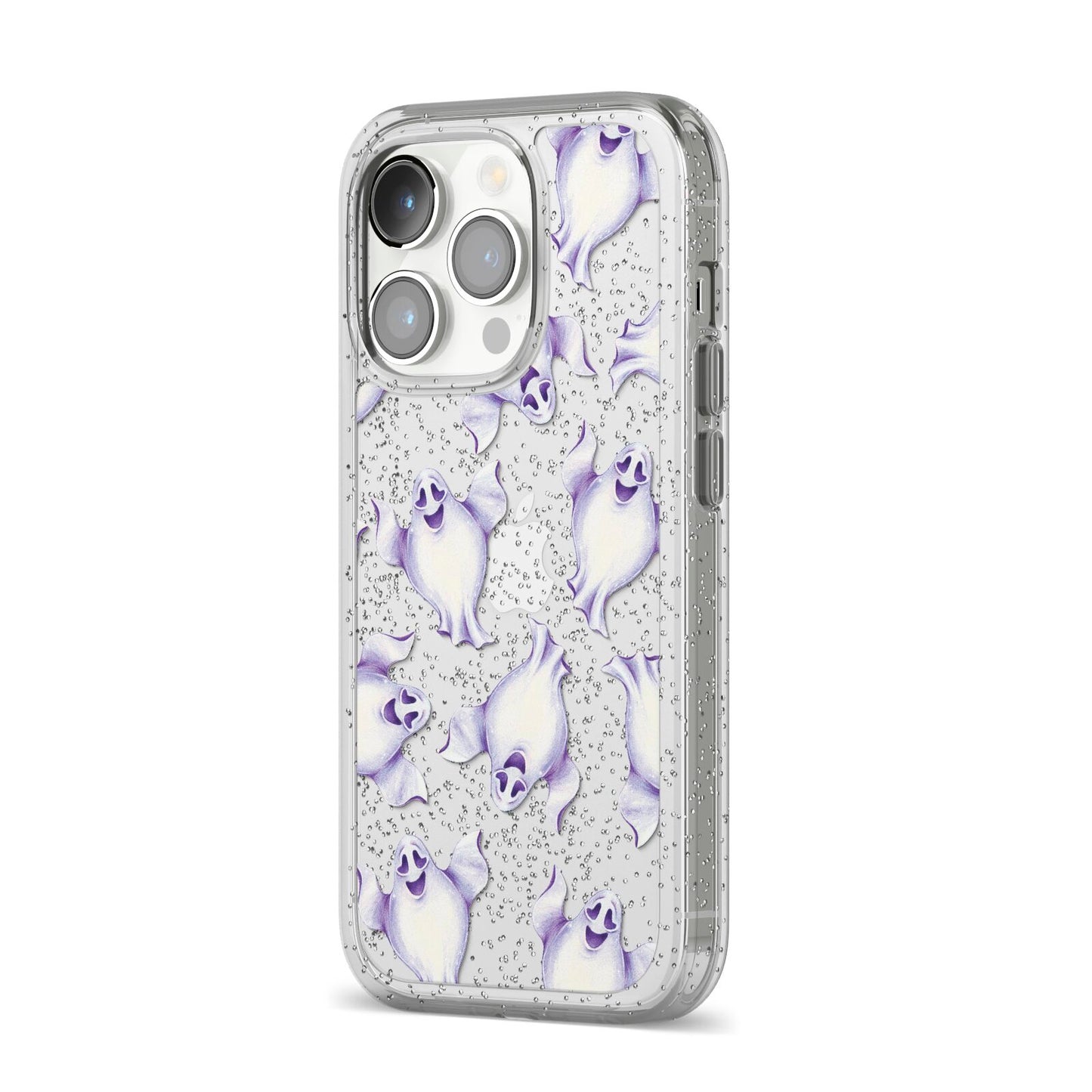 Ghost Halloween iPhone 14 Pro Glitter Tough Case Silver Angled Image