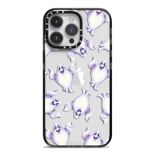 Ghost Halloween iPhone 14 Pro Max Black Impact Case on Silver phone