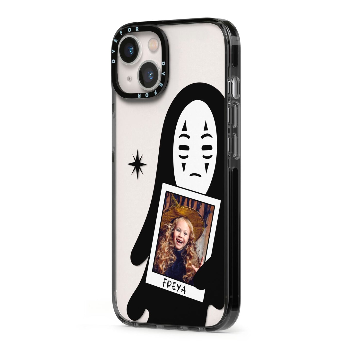 Ghostly Halloween Photo iPhone 13 Black Impact Case Side Angle on Silver phone