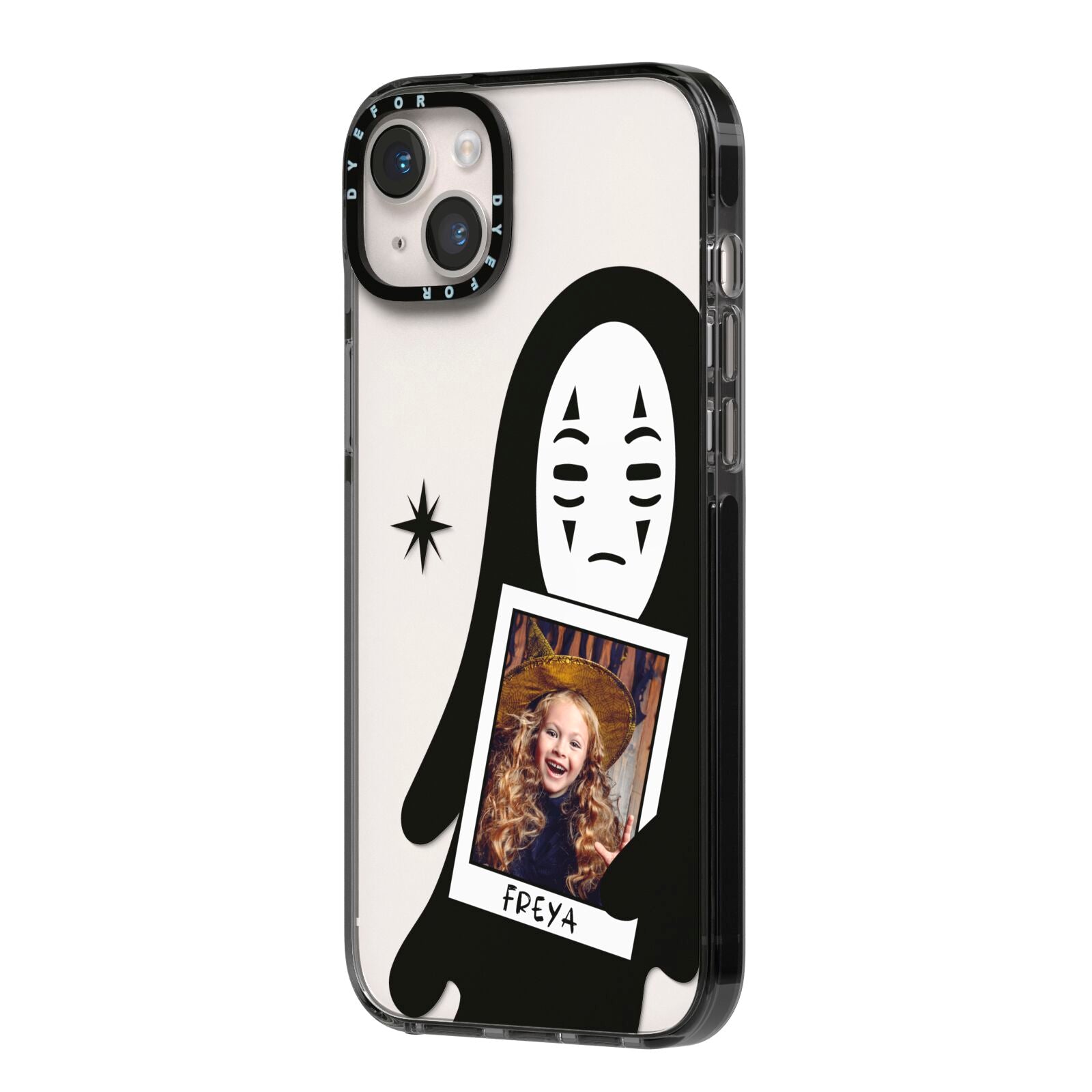 Ghostly Halloween Photo iPhone 14 Plus Black Impact Case Side Angle on Silver phone