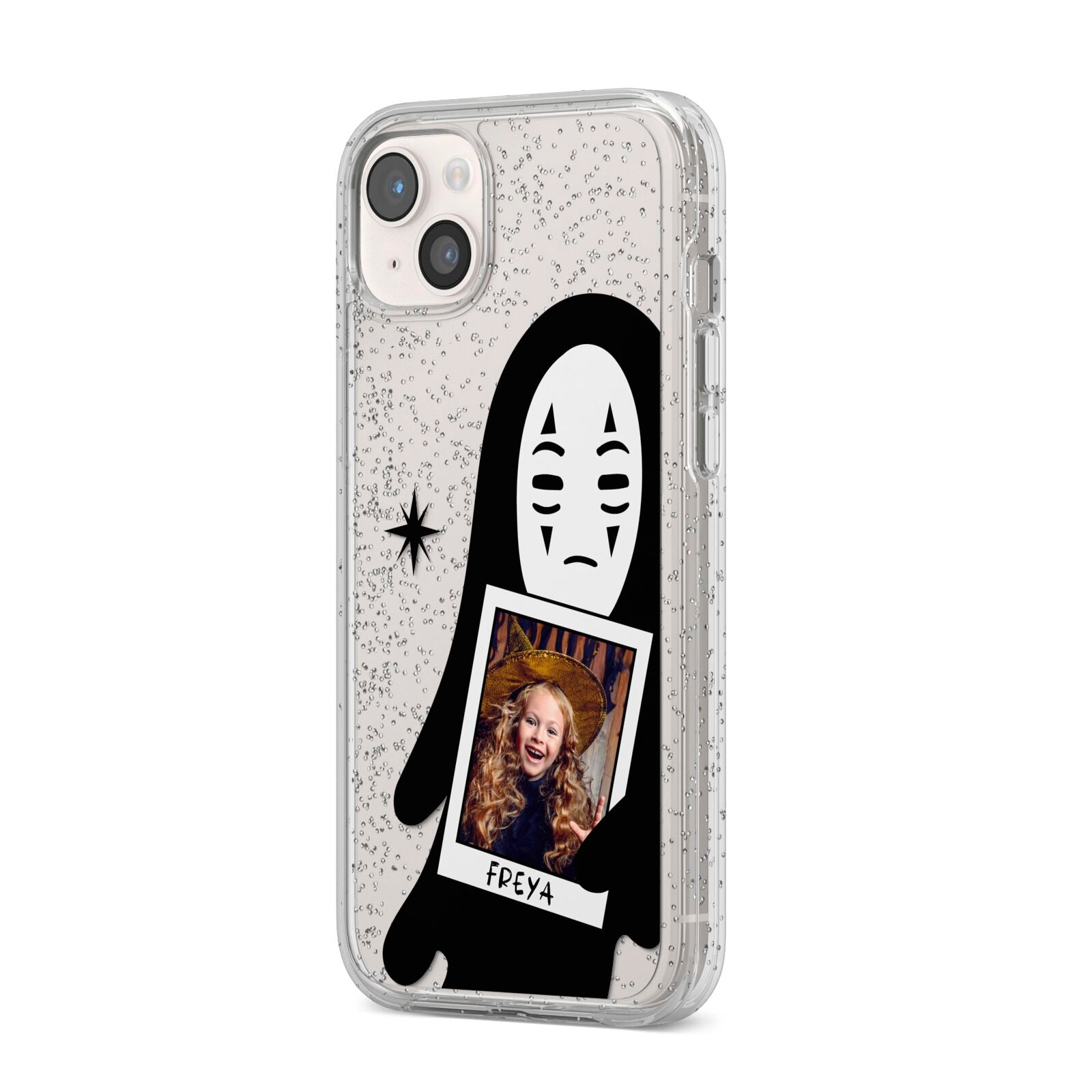 Ghostly Halloween Photo iPhone 14 Plus Glitter Tough Case Starlight Angled Image