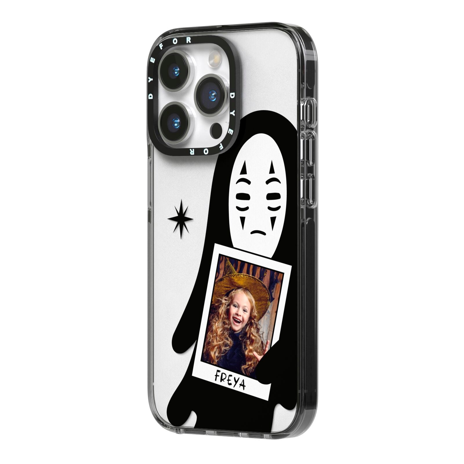 Ghostly Halloween Photo iPhone 14 Pro Black Impact Case Side Angle on Silver phone
