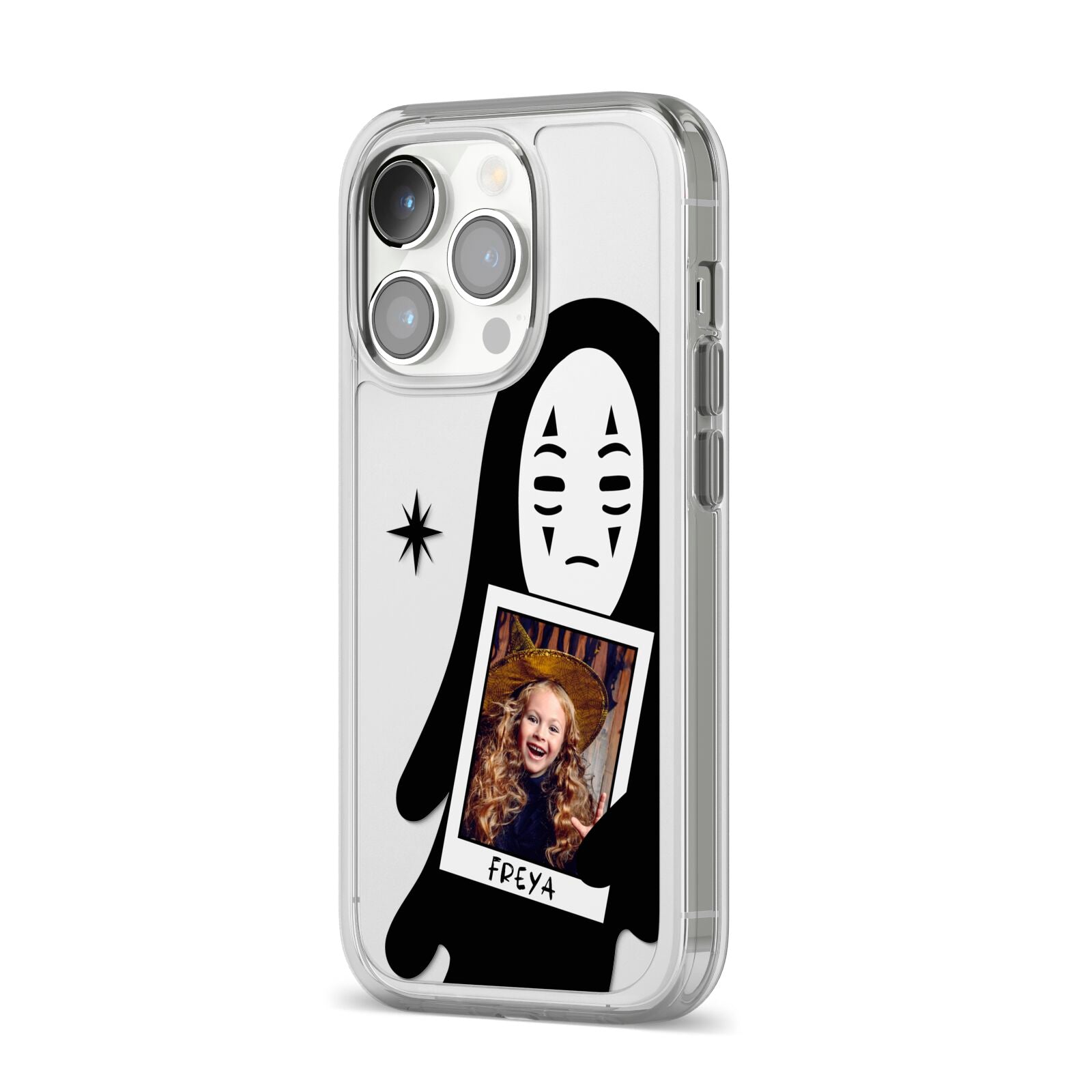 Ghostly Halloween Photo iPhone 14 Pro Clear Tough Case Silver Angled Image