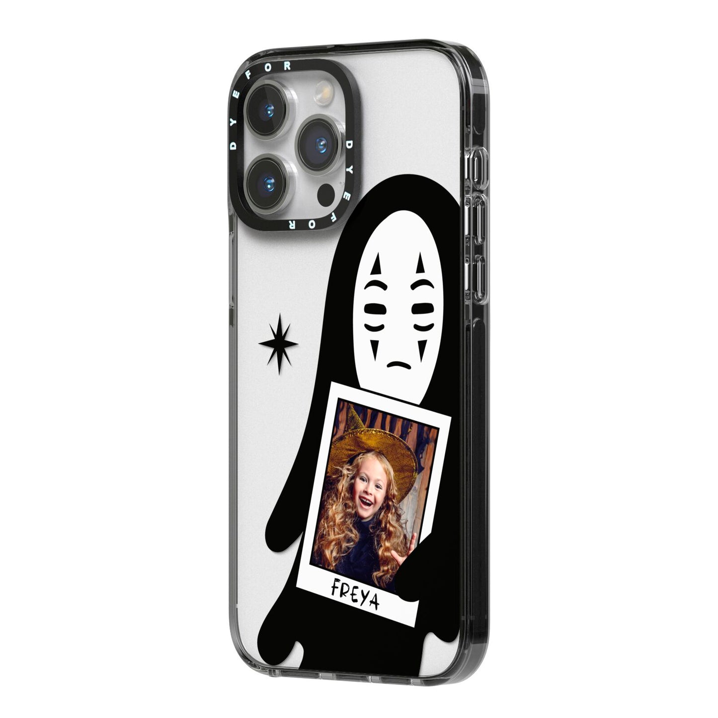 Ghostly Halloween Photo iPhone 14 Pro Max Black Impact Case Side Angle on Silver phone