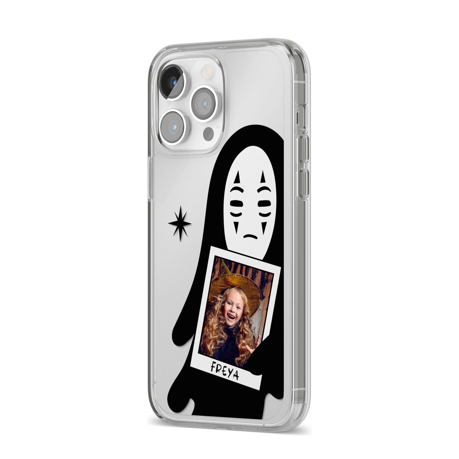 Ghostly Halloween Photo iPhone 14 Pro Max Clear Tough Case Silver Angled Image