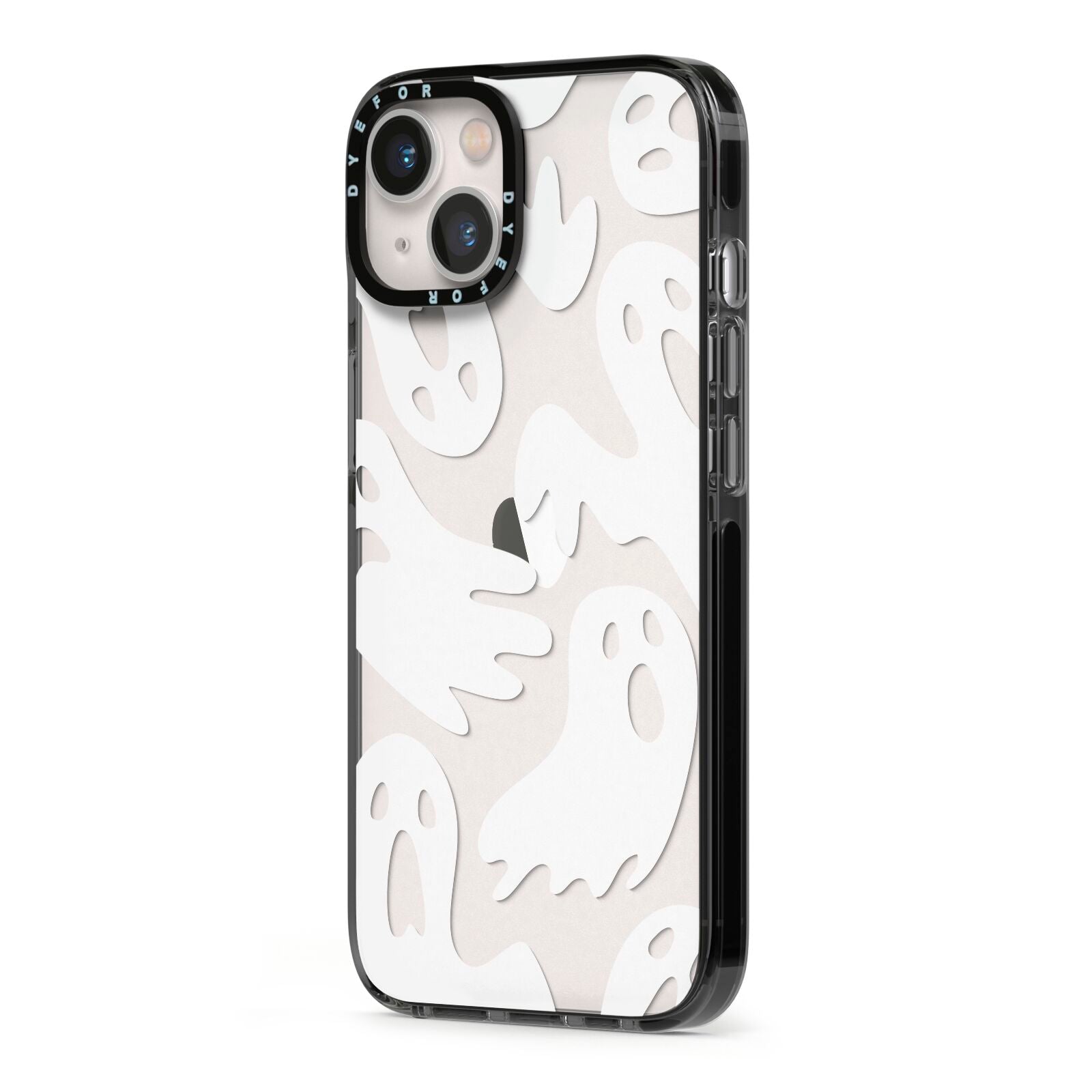 Ghosts with Transparent Background iPhone 13 Black Impact Case Side Angle on Silver phone