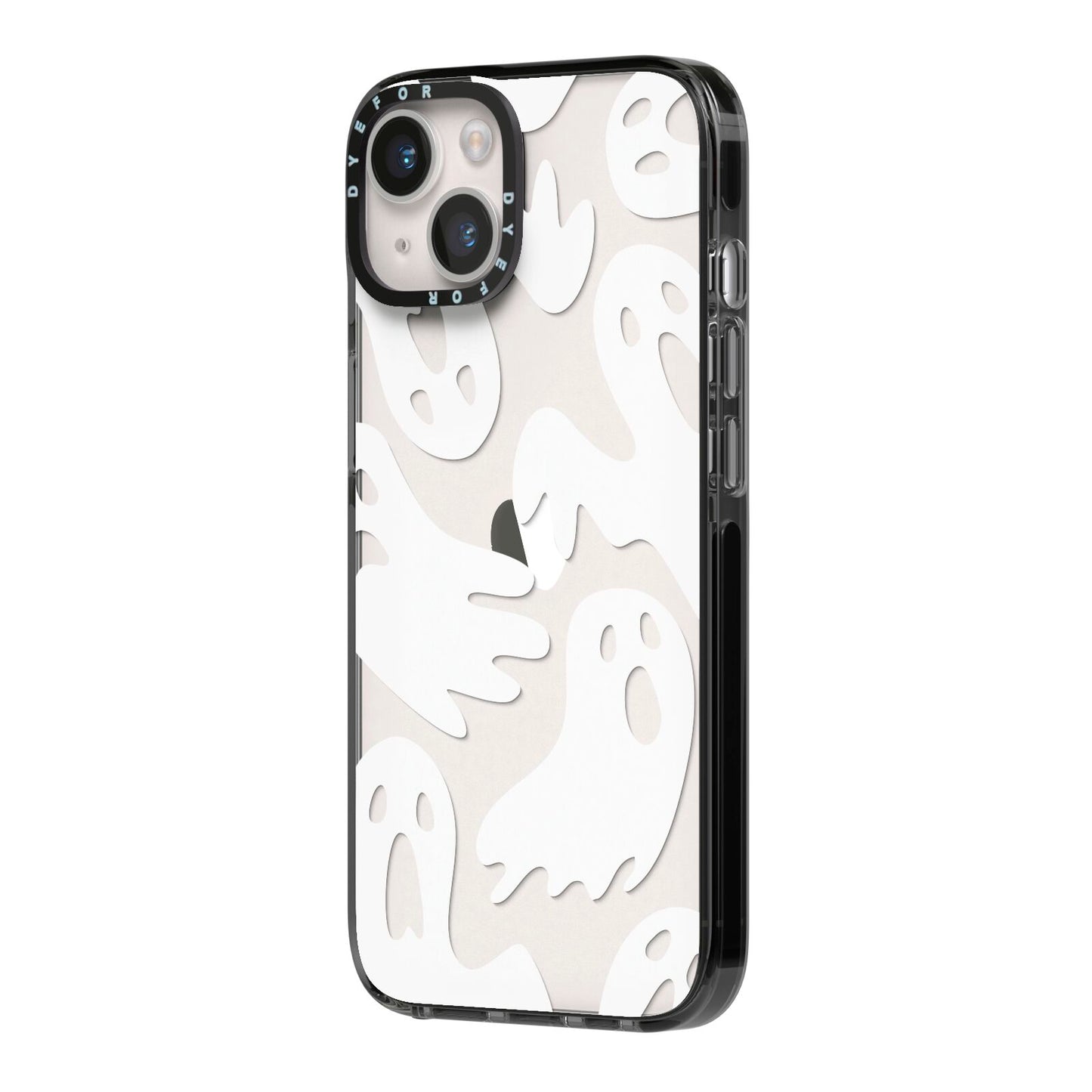 Ghosts with Transparent Background iPhone 14 Black Impact Case Side Angle on Silver phone