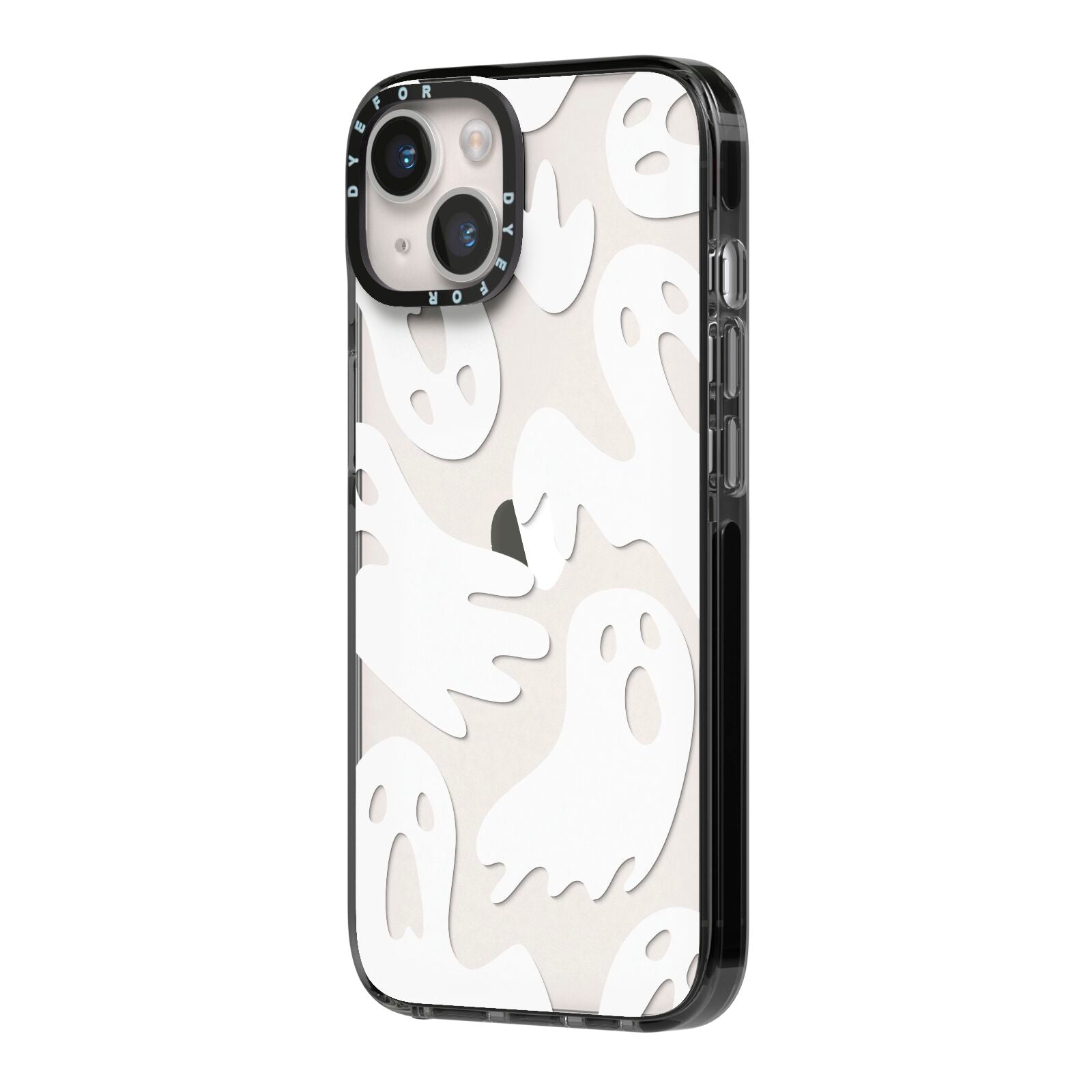 Ghosts with Transparent Background iPhone 14 Black Impact Case Side Angle on Silver phone