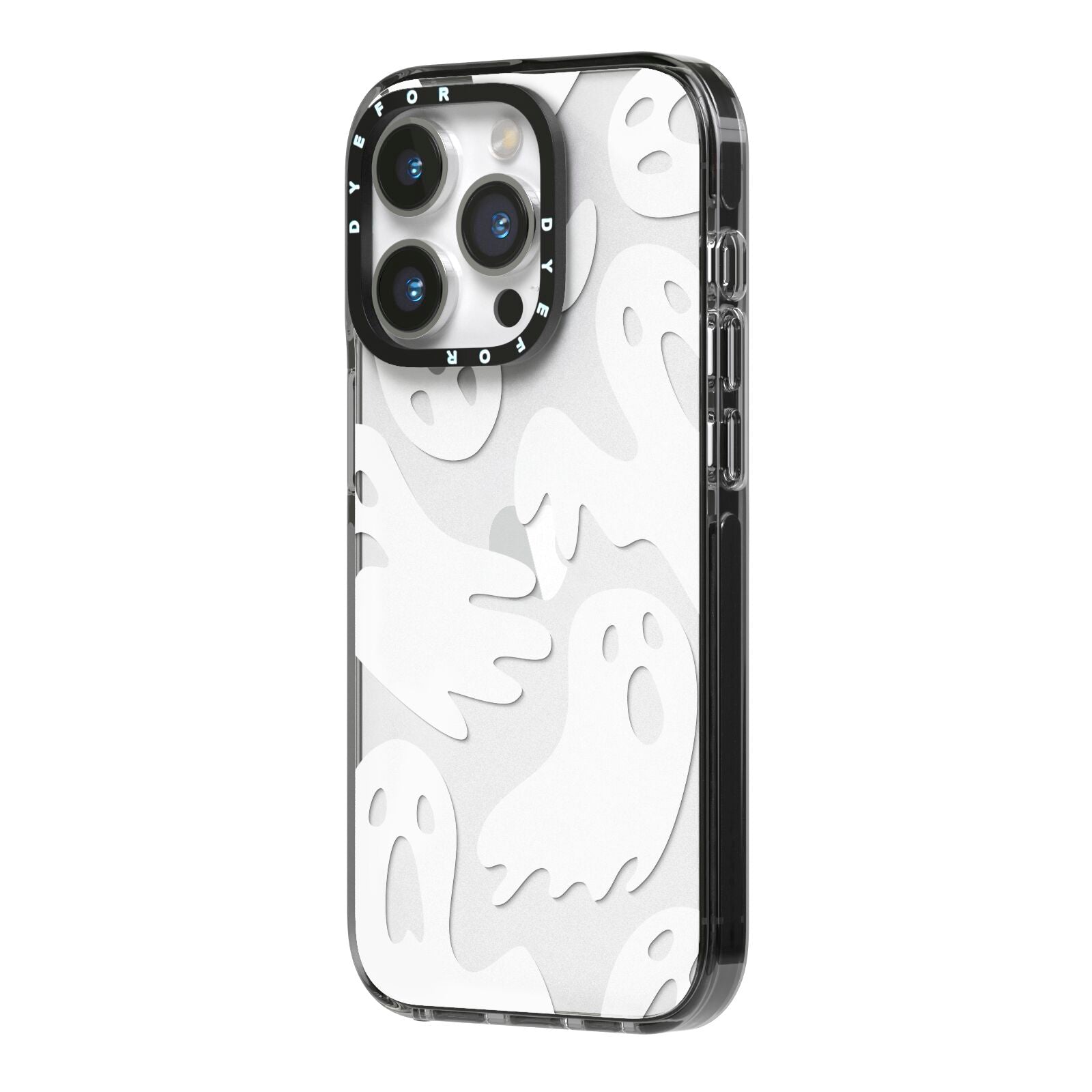 Ghosts with Transparent Background iPhone 14 Pro Black Impact Case Side Angle on Silver phone