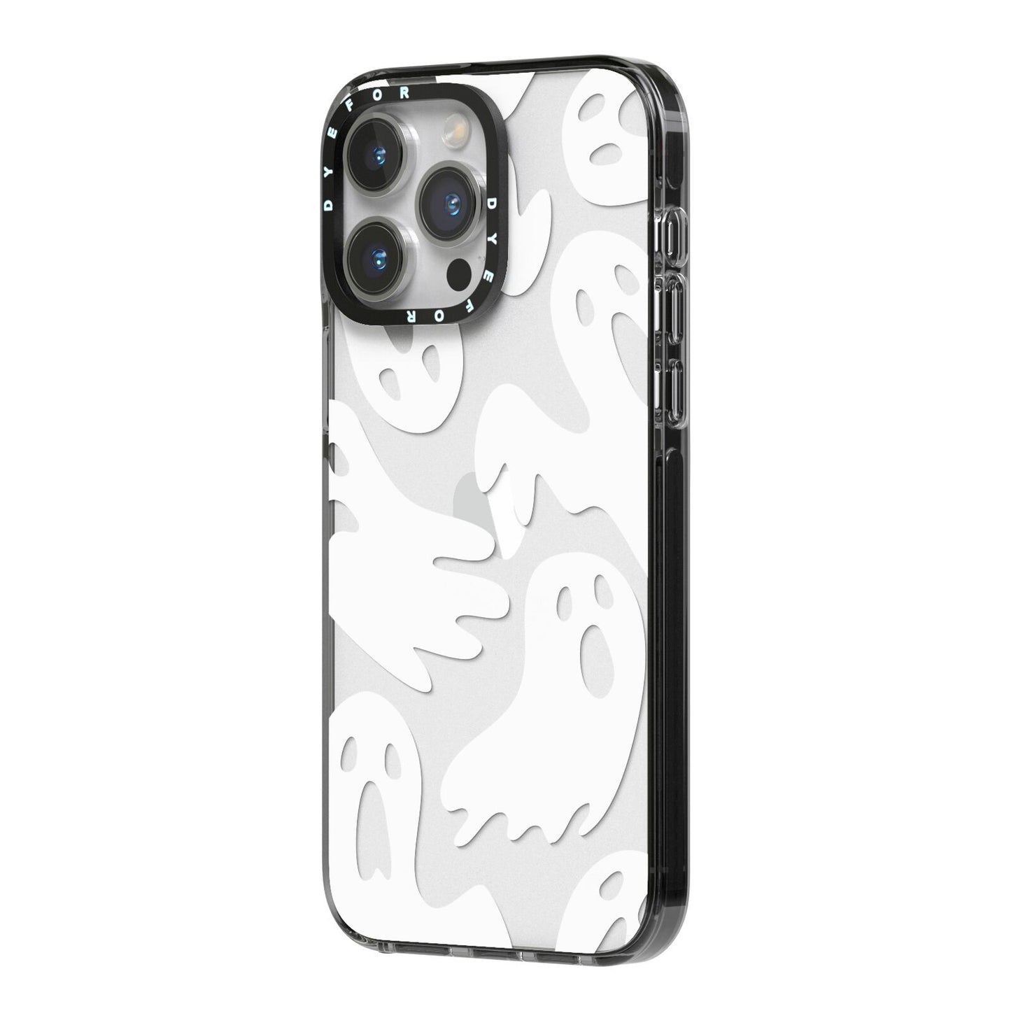 Ghosts with Transparent Background iPhone 14 Pro Max Black Impact Case Side Angle on Silver phone