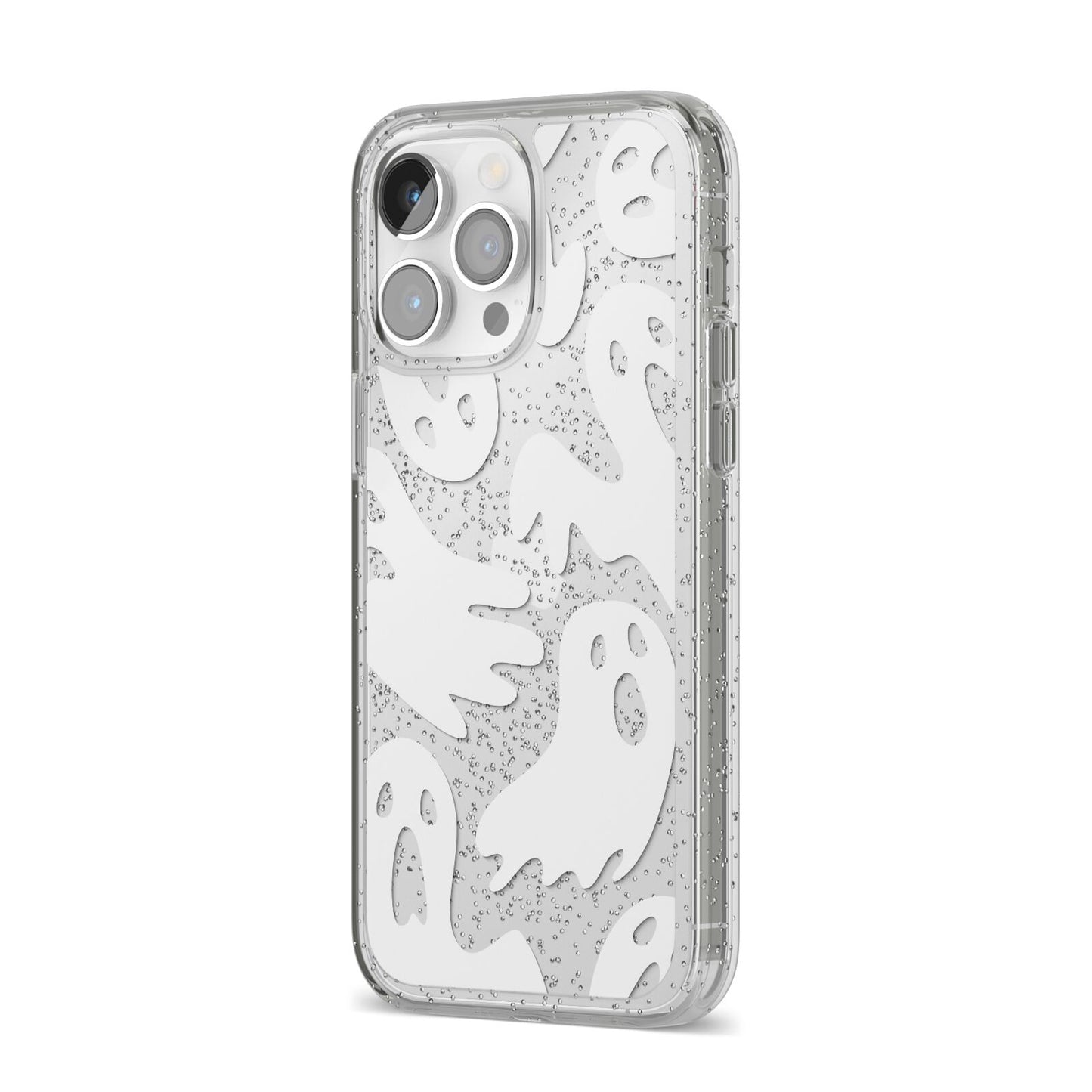 Ghosts with Transparent Background iPhone 14 Pro Max Glitter Tough Case Silver Angled Image