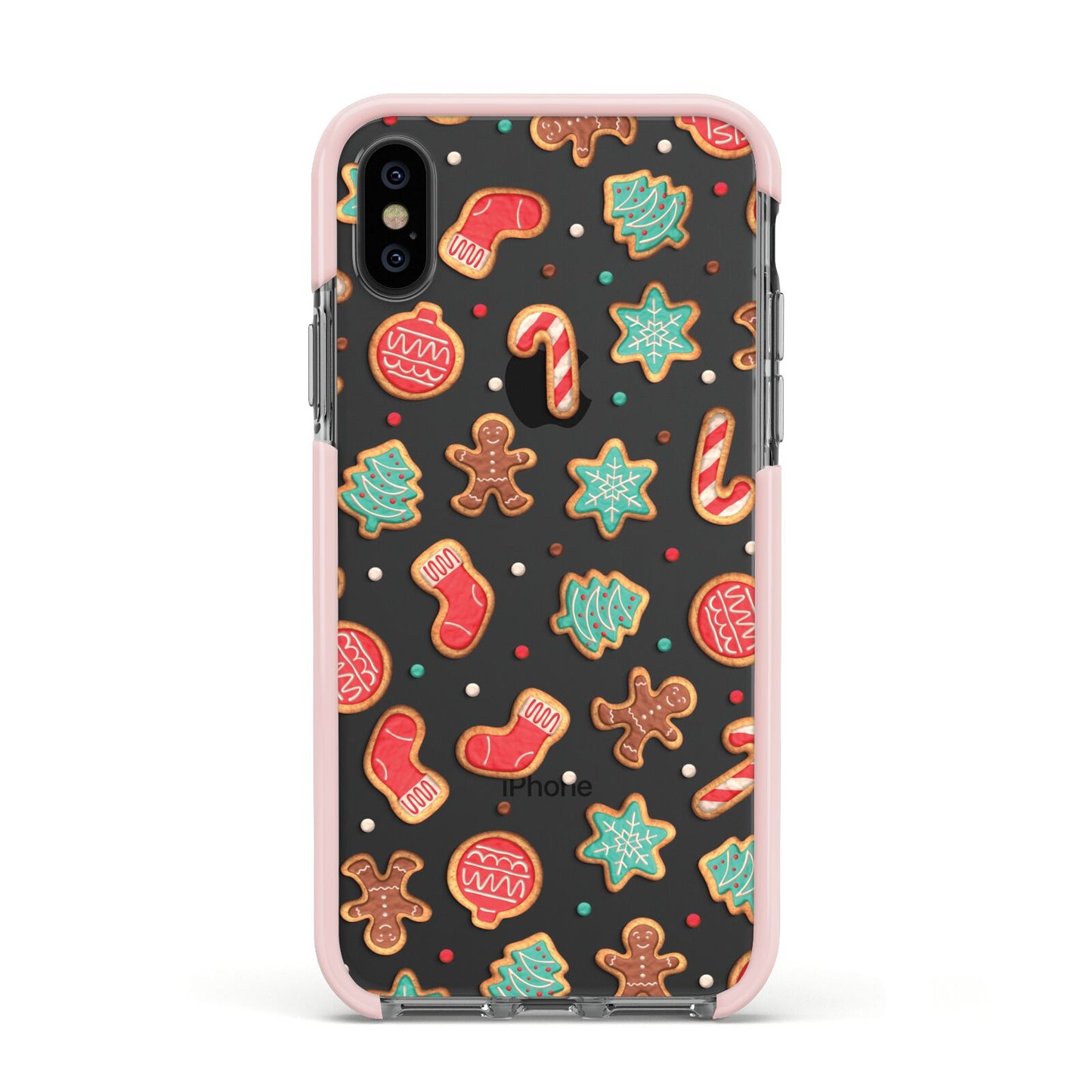 Gingerbread Christmas Apple iPhone Xs Impact Case Pink Edge on Black Phone