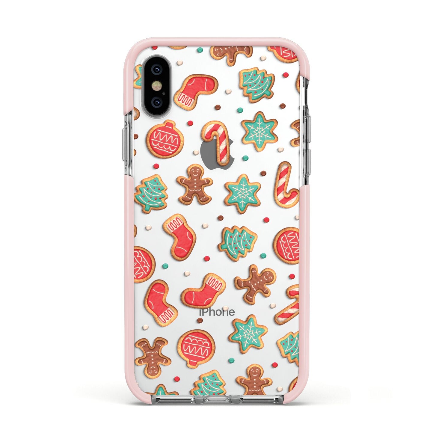 Gingerbread Christmas Apple iPhone Xs Impact Case Pink Edge on Silver Phone