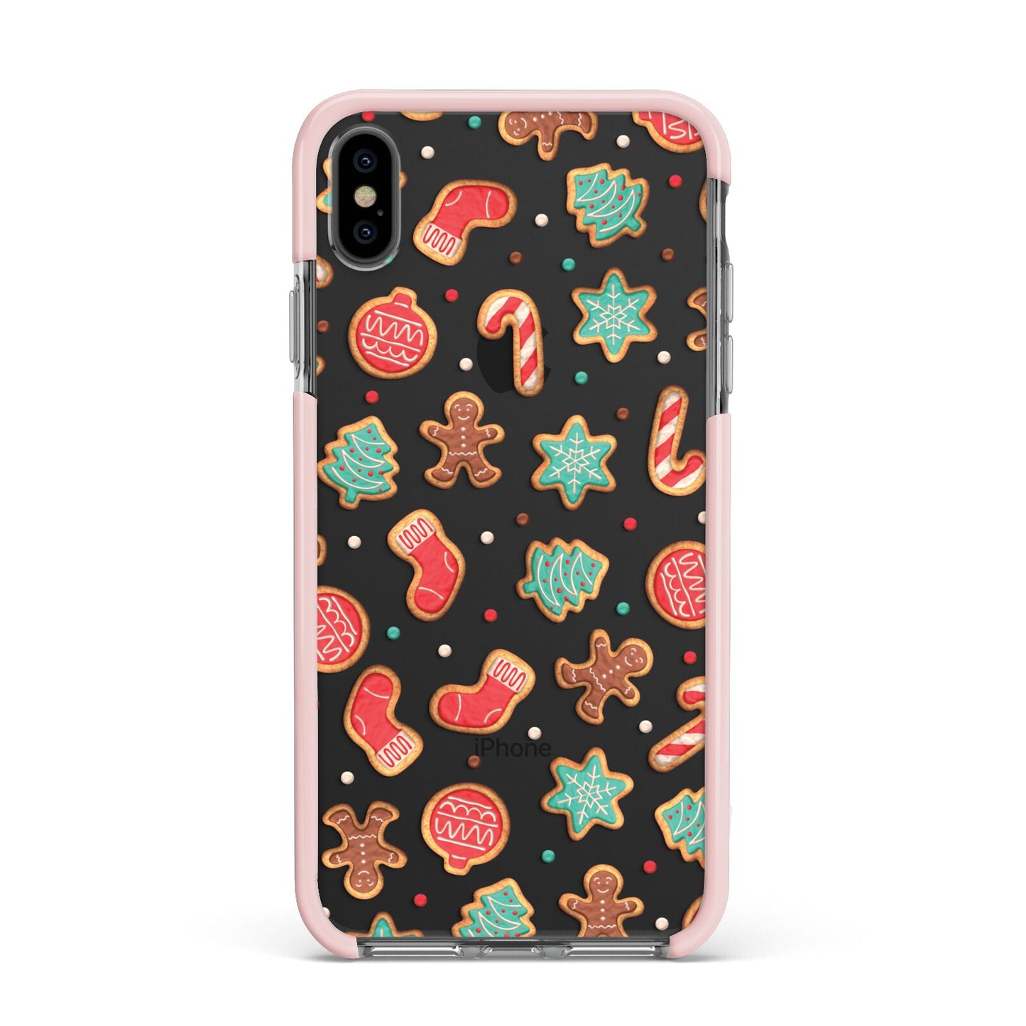 Gingerbread Christmas Apple iPhone Xs Max Impact Case Pink Edge on Black Phone