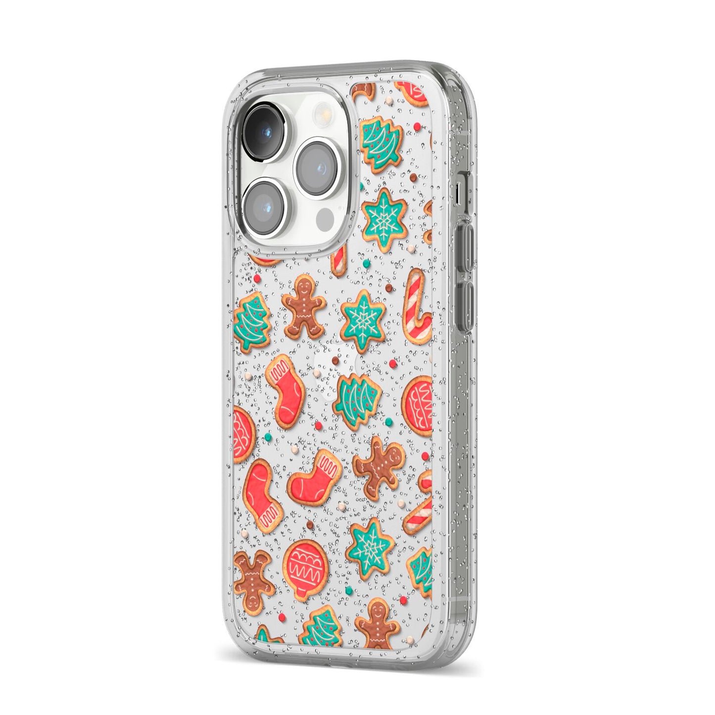 Gingerbread Christmas iPhone 14 Pro Glitter Tough Case Silver Angled Image