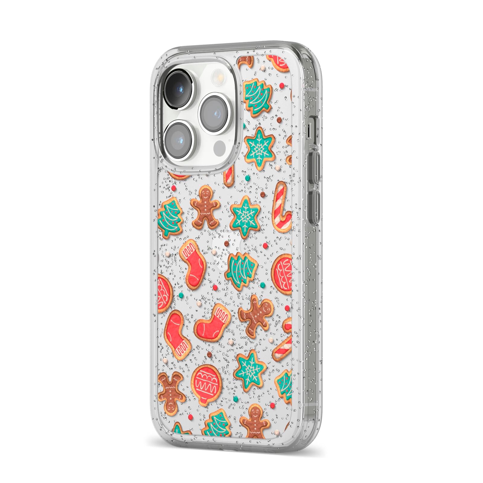 Gingerbread Christmas iPhone 14 Pro Glitter Tough Case Silver Angled Image
