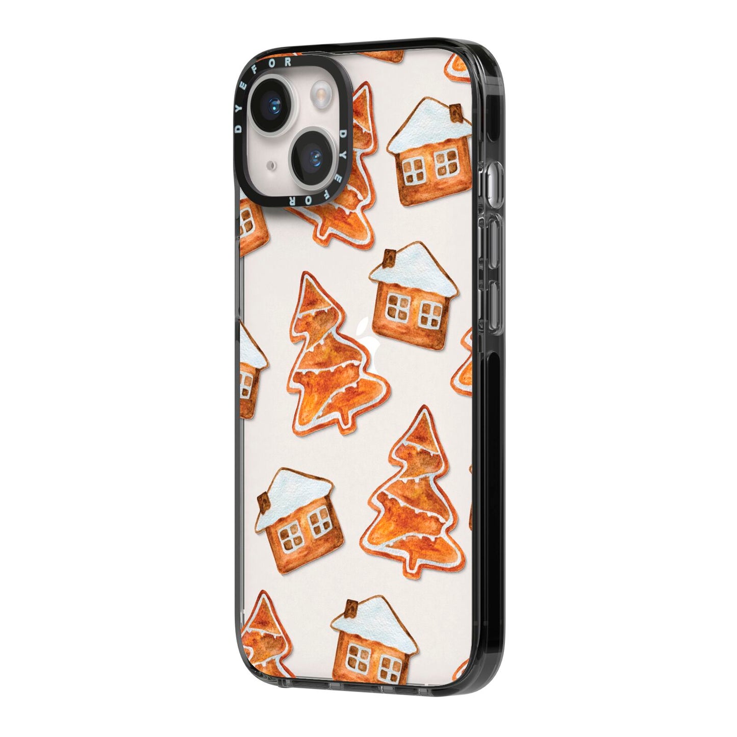 Gingerbread House Tree iPhone 14 Black Impact Case Side Angle on Silver phone