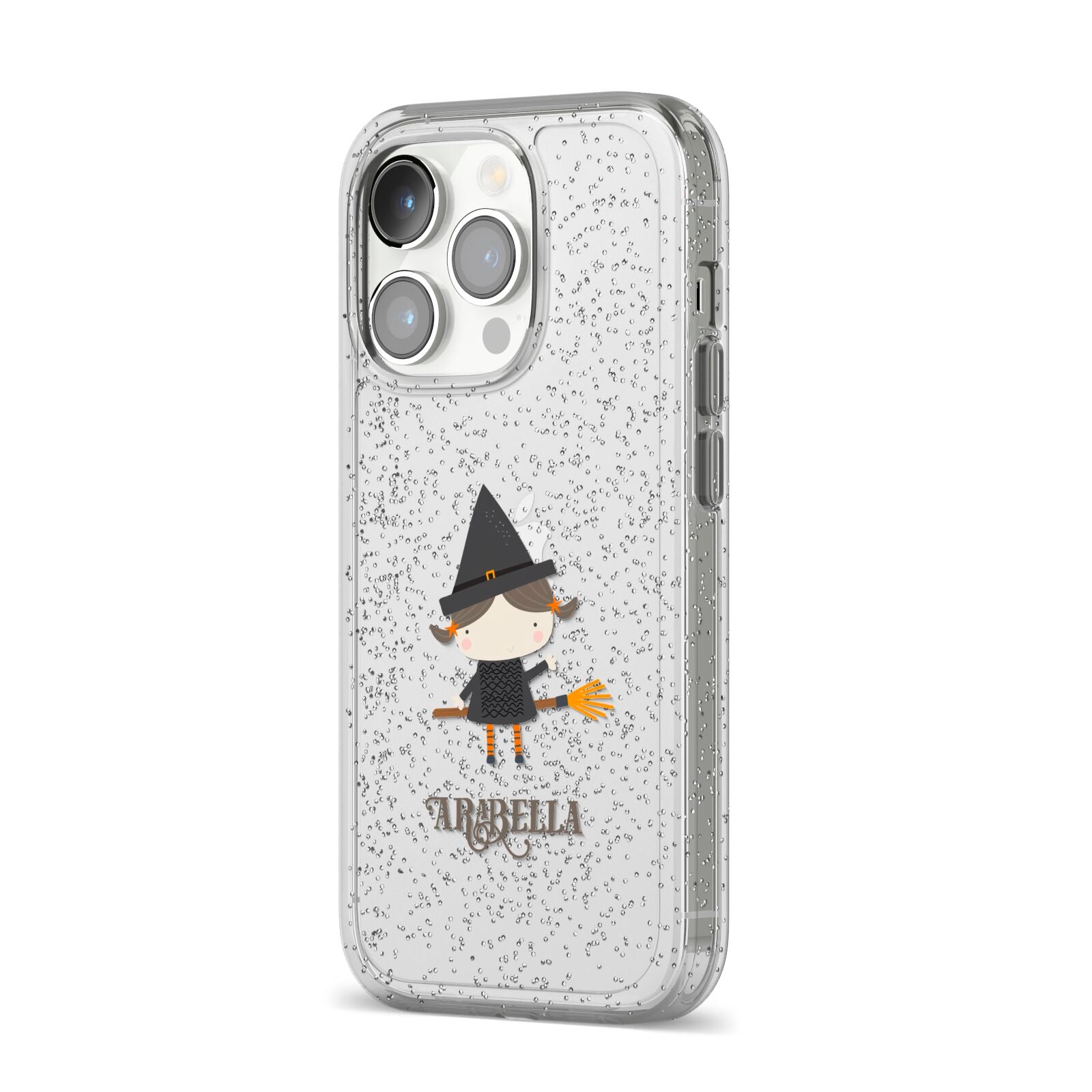Girl Witch Personalised iPhone 14 Pro Glitter Tough Case Silver Angled Image