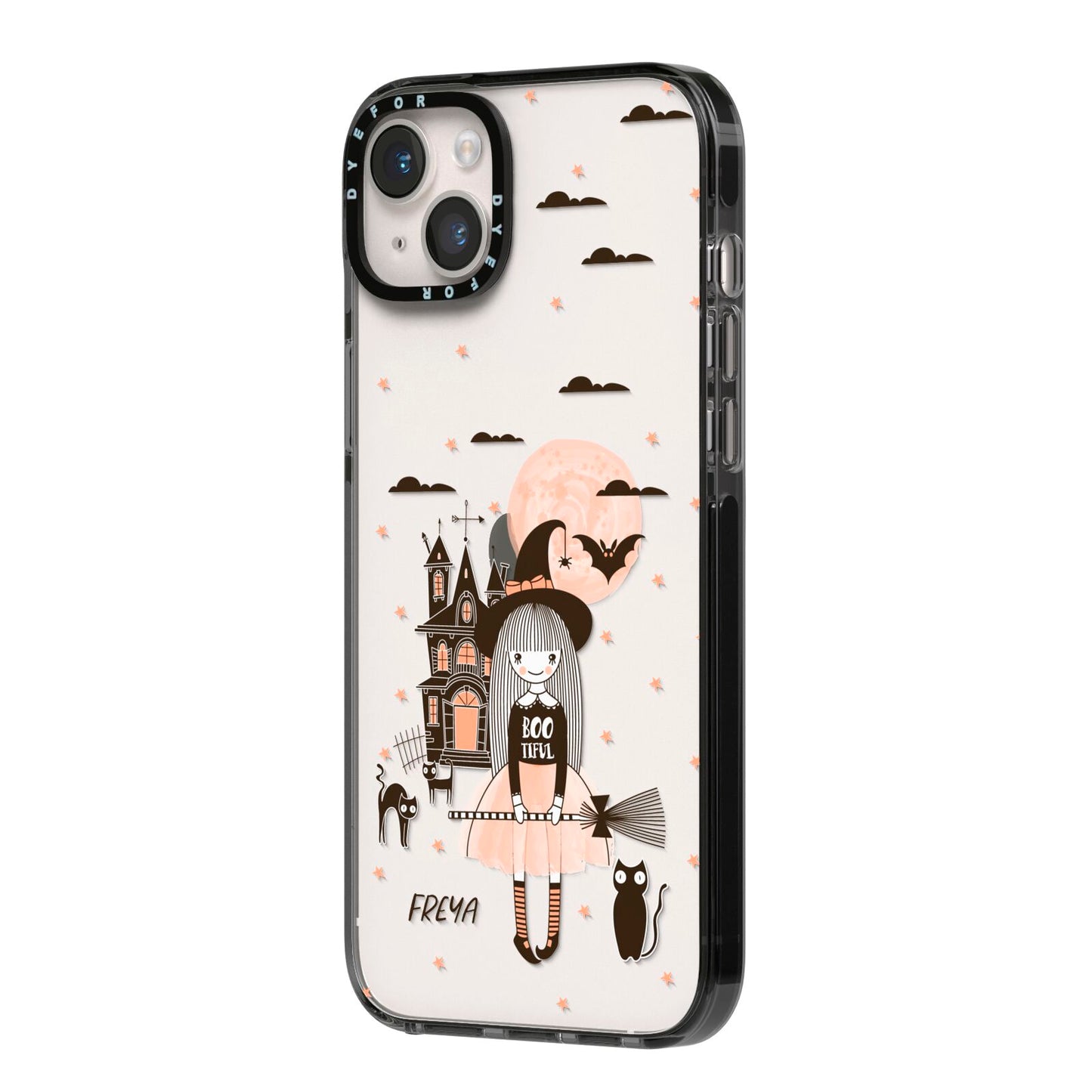 Girl Witch iPhone 14 Plus Black Impact Case Side Angle on Silver phone