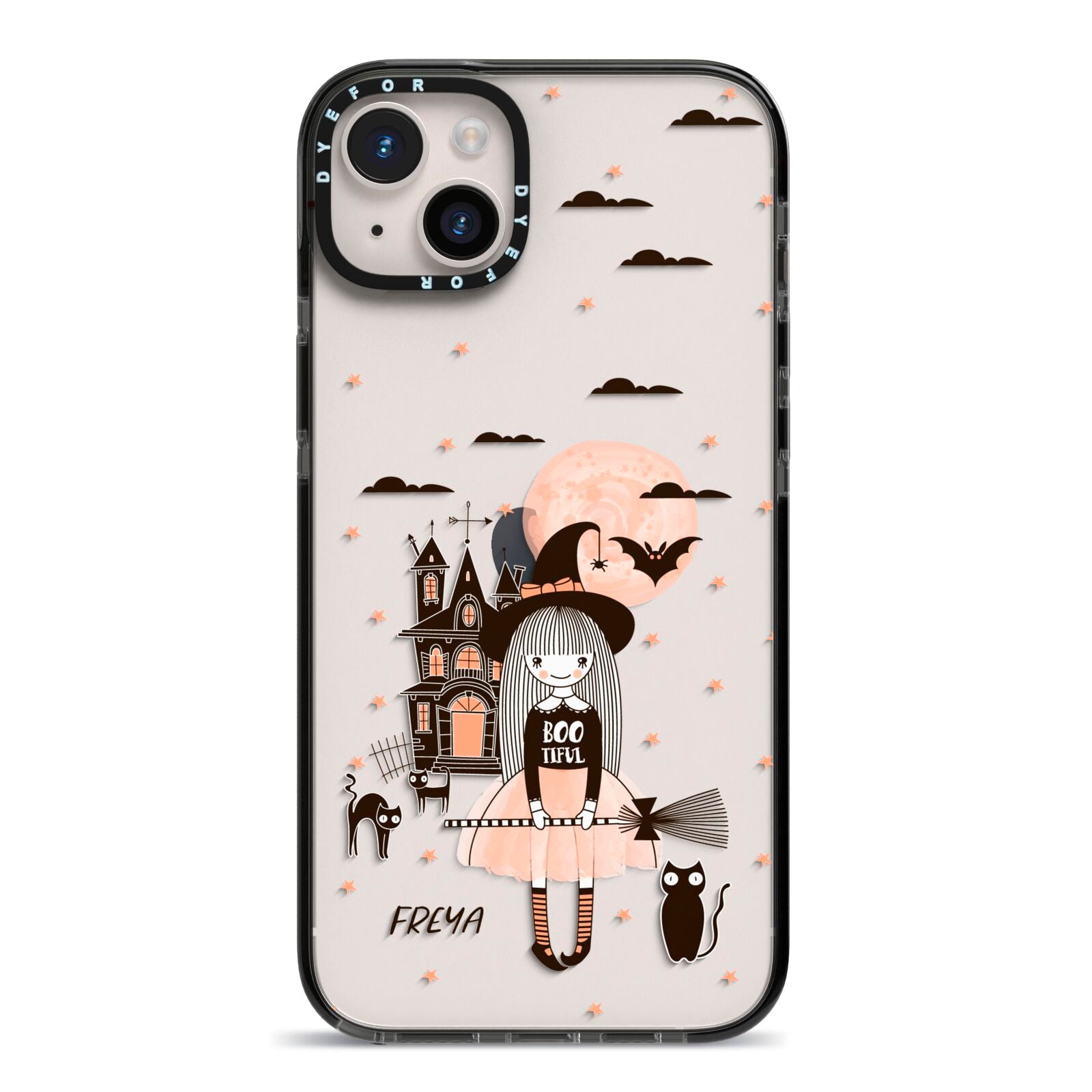 Girl Witch iPhone 14 Plus Black Impact Case on Silver phone