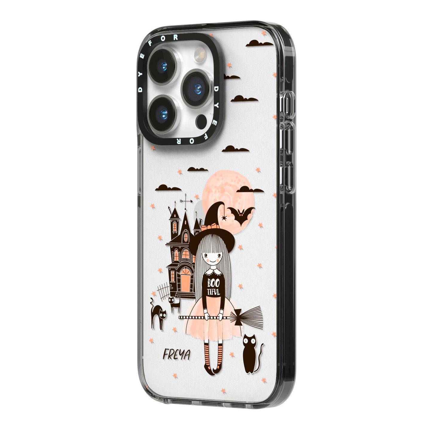Girl Witch iPhone 14 Pro Black Impact Case Side Angle on Silver phone