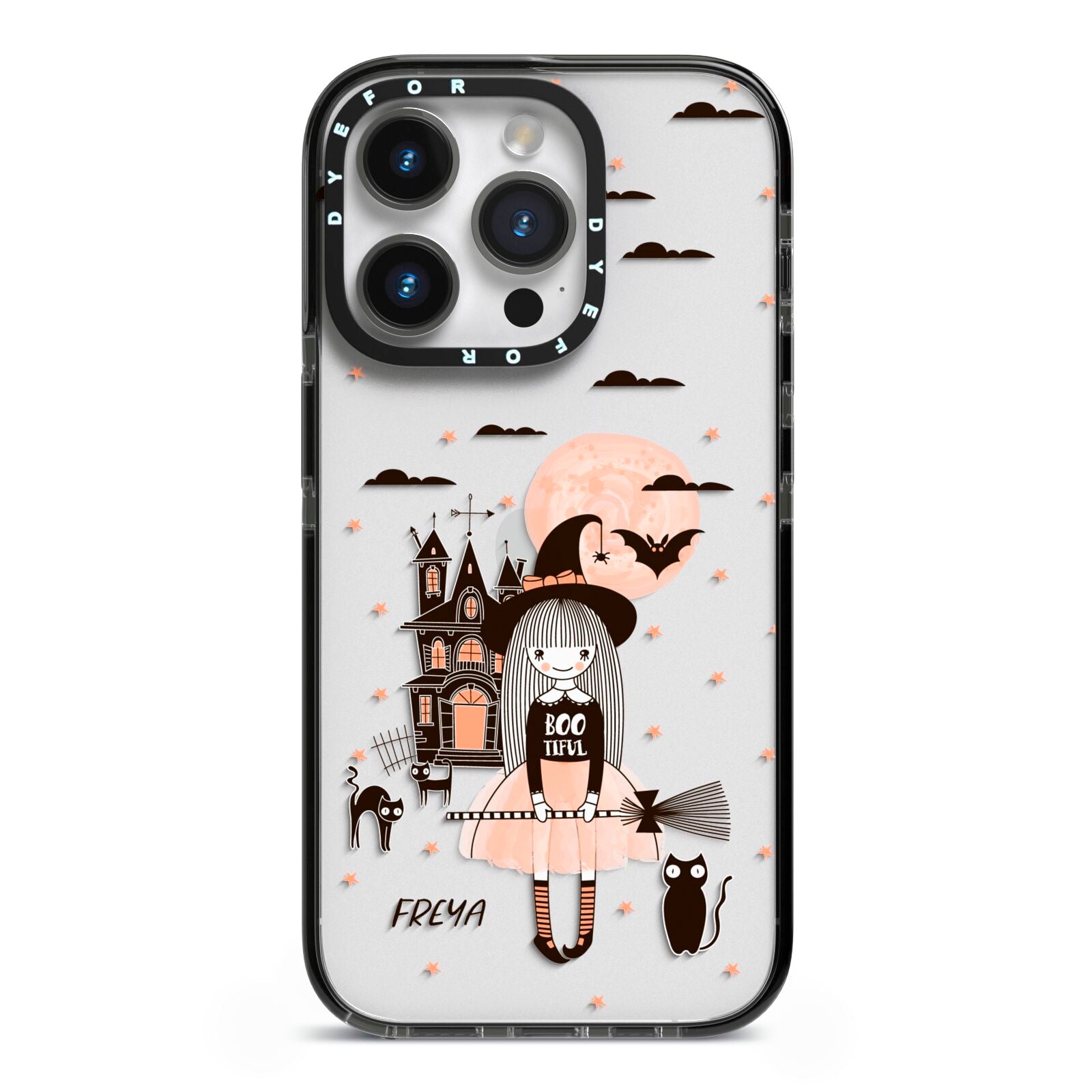 Girl Witch iPhone 14 Pro Black Impact Case on Silver phone