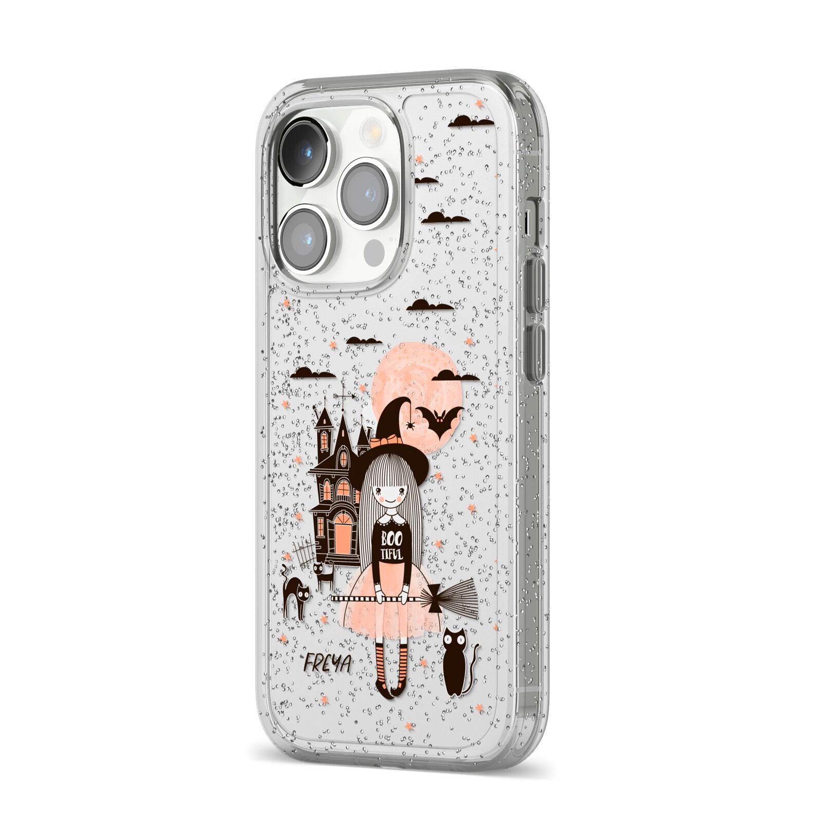Girl Witch iPhone 14 Pro Glitter Tough Case Silver Angled Image