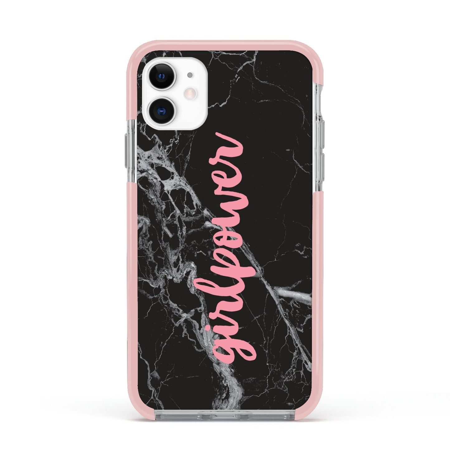 Girlpower Black White Marble Effect Apple iPhone 11 in White with Pink Impact Case