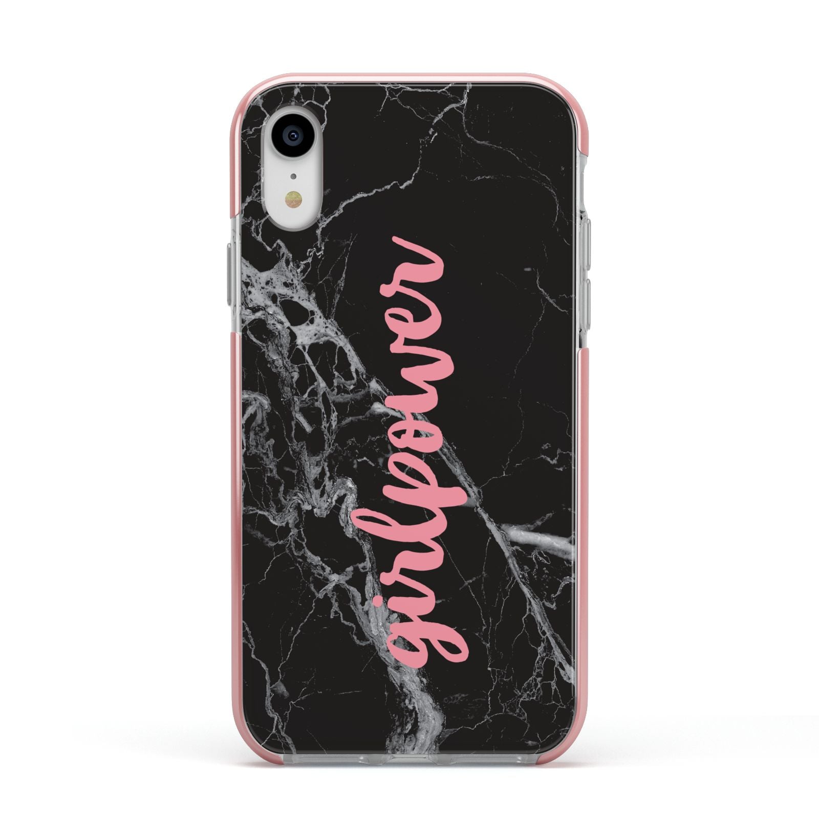 Girlpower Black White Marble Effect Apple iPhone XR Impact Case Pink Edge on Silver Phone
