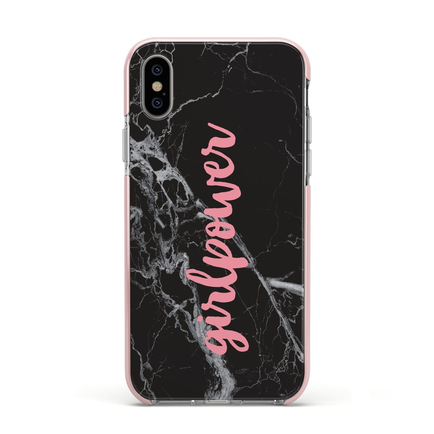 Girlpower Black White Marble Effect Apple iPhone Xs Impact Case Pink Edge on Silver Phone