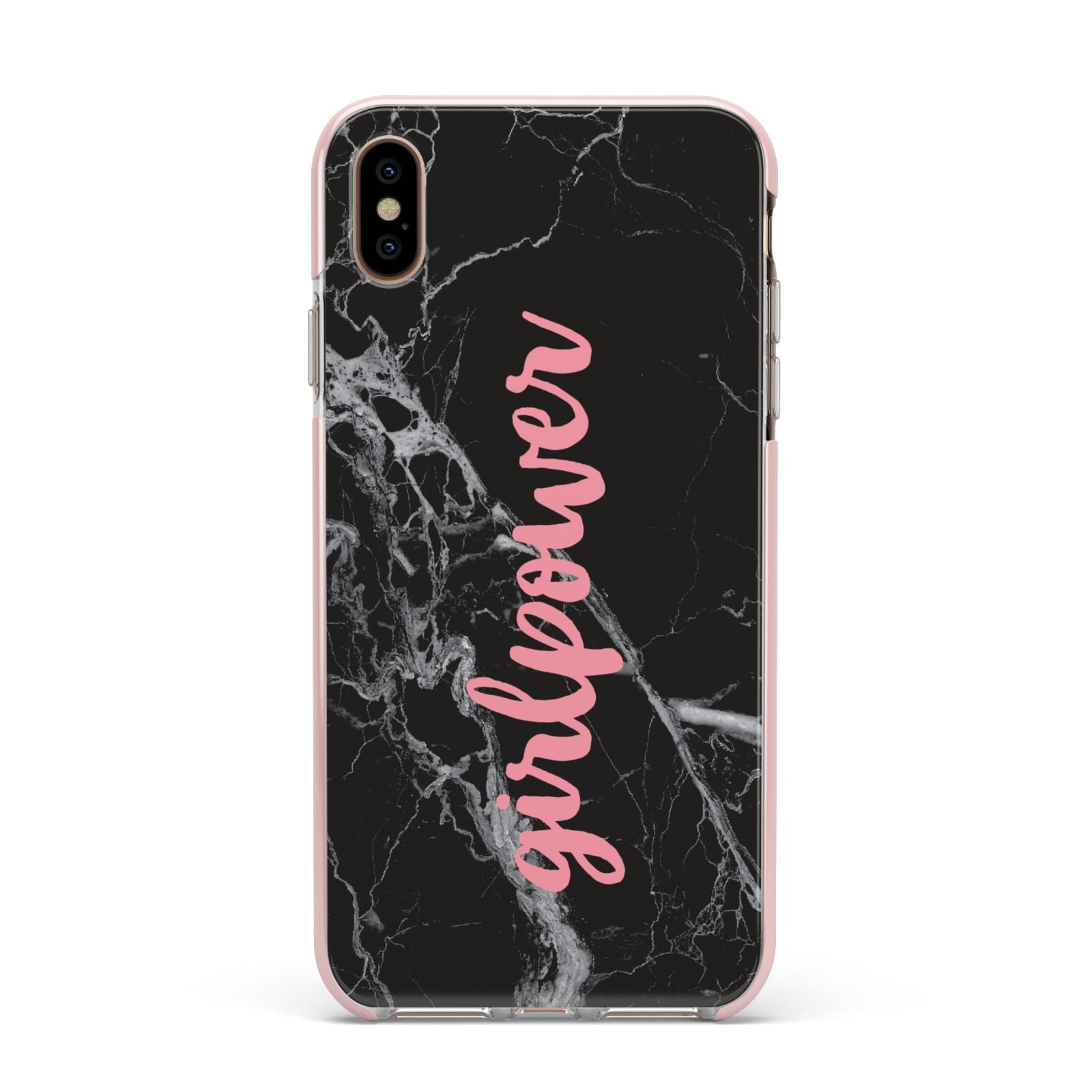 Girlpower Black White Marble Effect Apple iPhone Xs Max Impact Case Pink Edge on Gold Phone