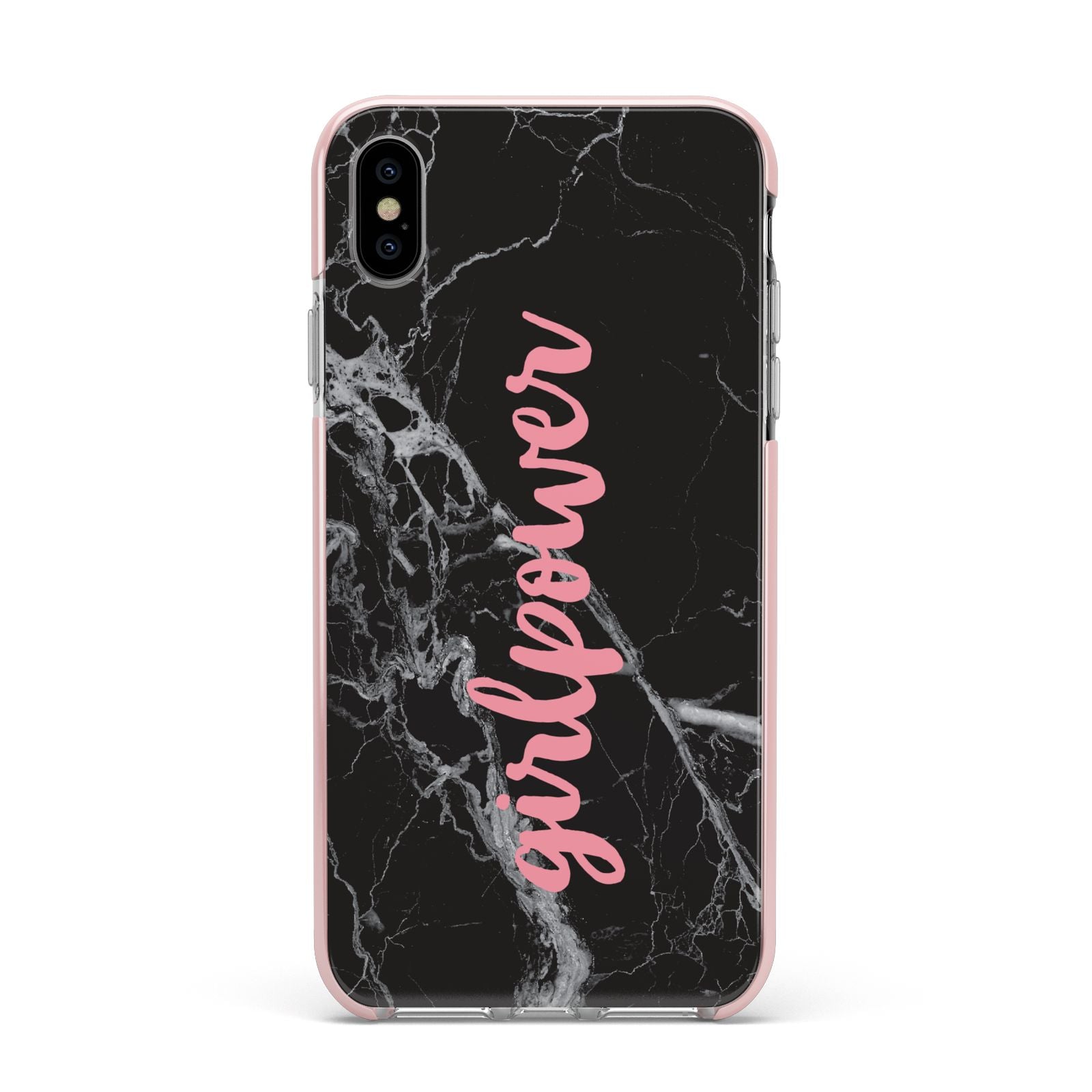 Girlpower Black White Marble Effect Apple iPhone Xs Max Impact Case Pink Edge on Silver Phone