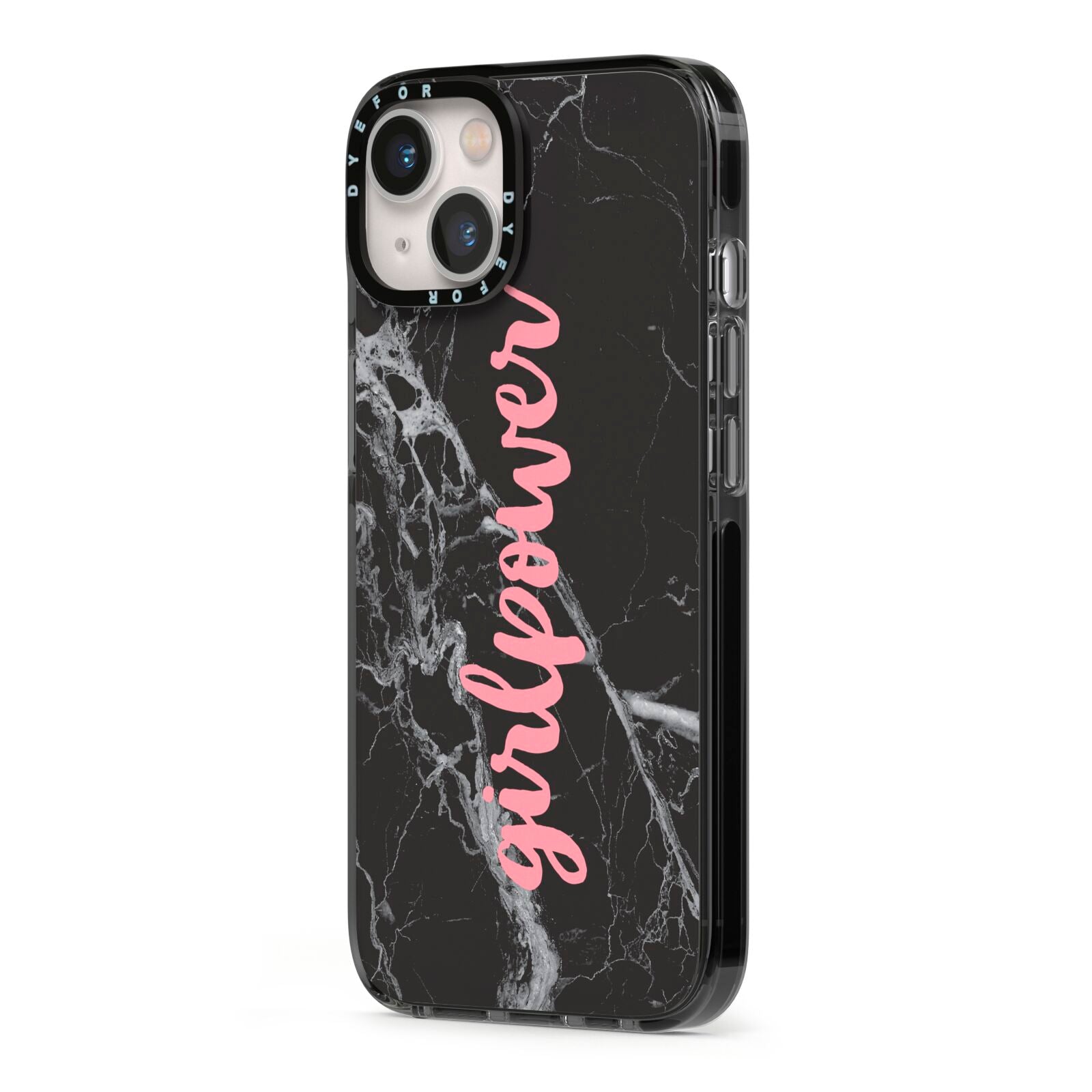 Girlpower Black White Marble Effect iPhone 13 Black Impact Case Side Angle on Silver phone