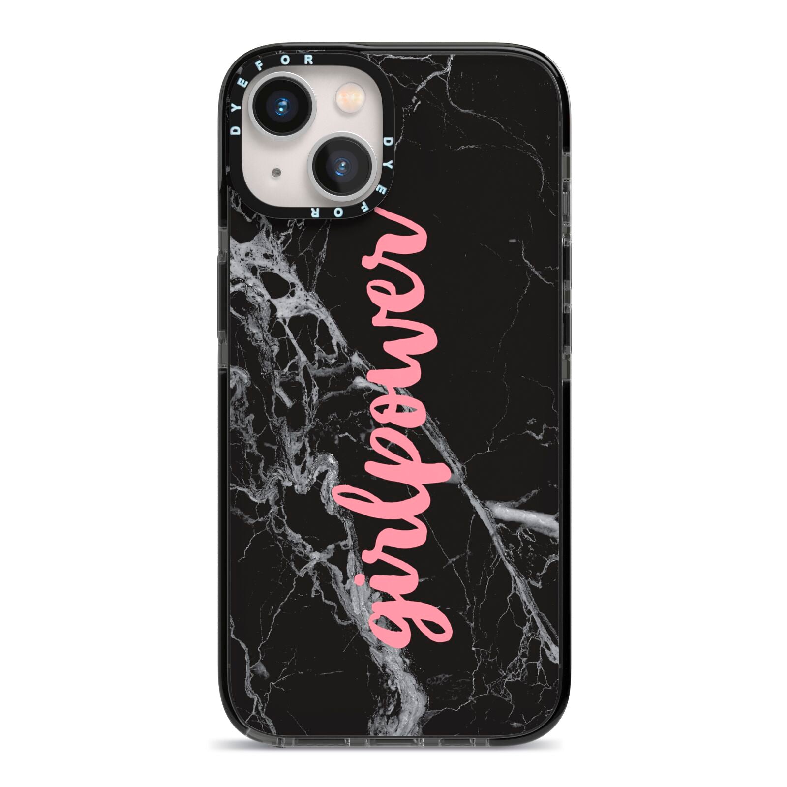 Girlpower Black White Marble Effect iPhone 13 Black Impact Case on Silver phone