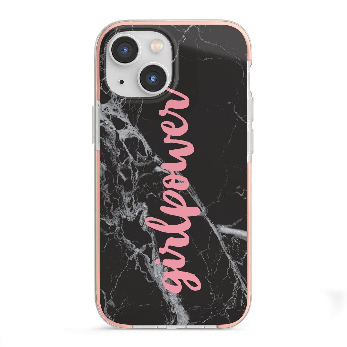 Girlpower Black White Marble Effect iPhone 13 Mini TPU Impact Case with Pink Edges