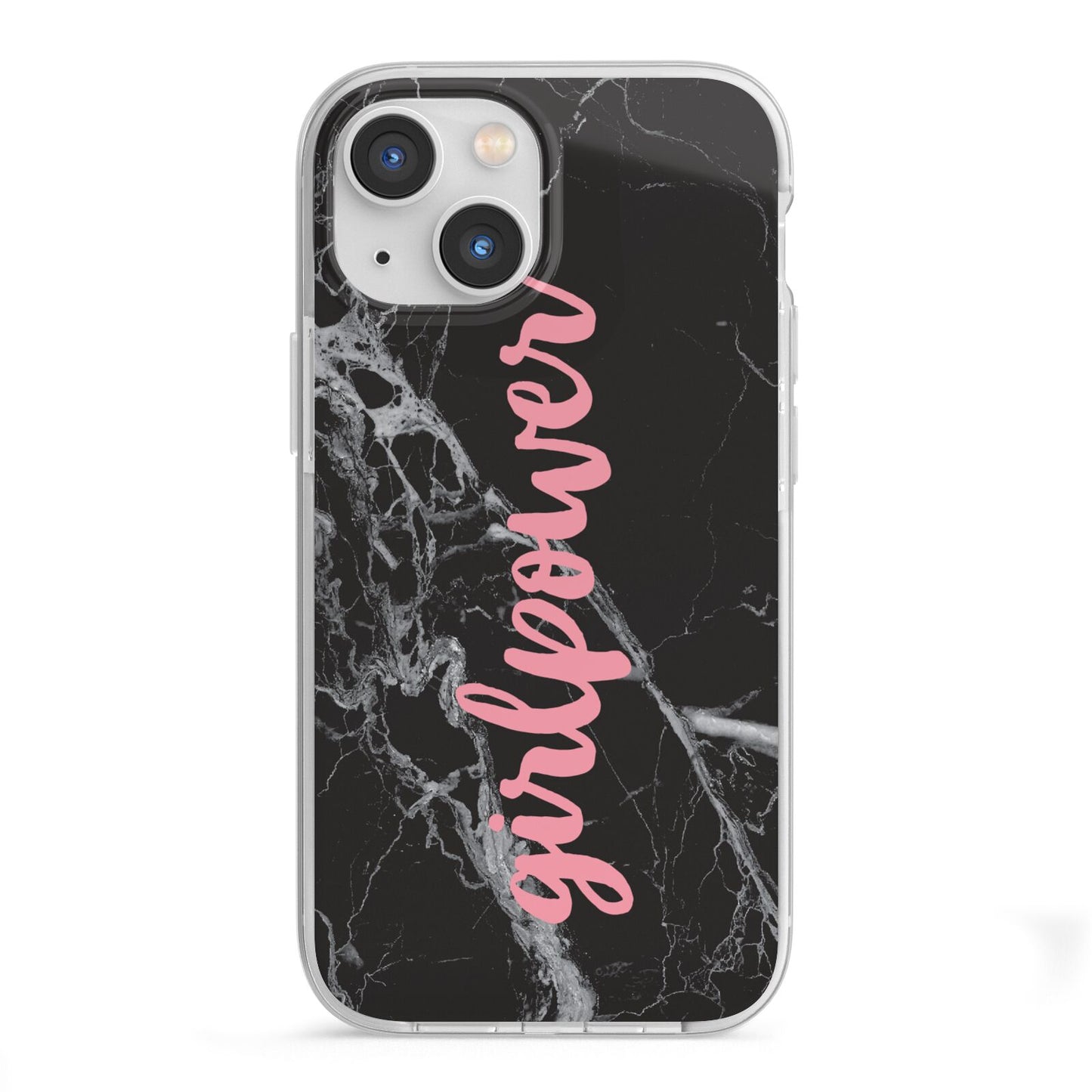 Girlpower Black White Marble Effect iPhone 13 Mini TPU Impact Case with White Edges