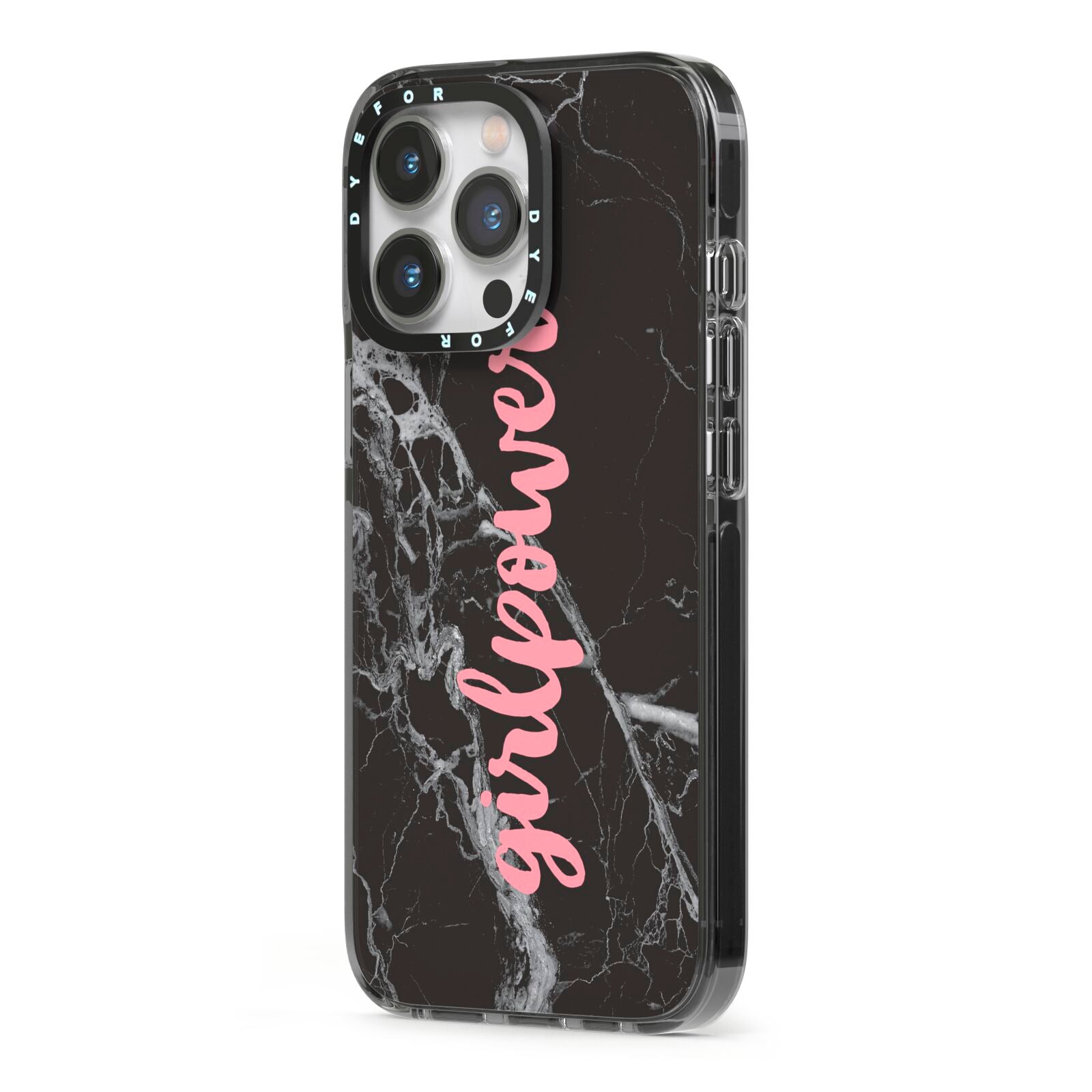 Girlpower Black White Marble Effect iPhone 13 Pro Black Impact Case Side Angle on Silver phone