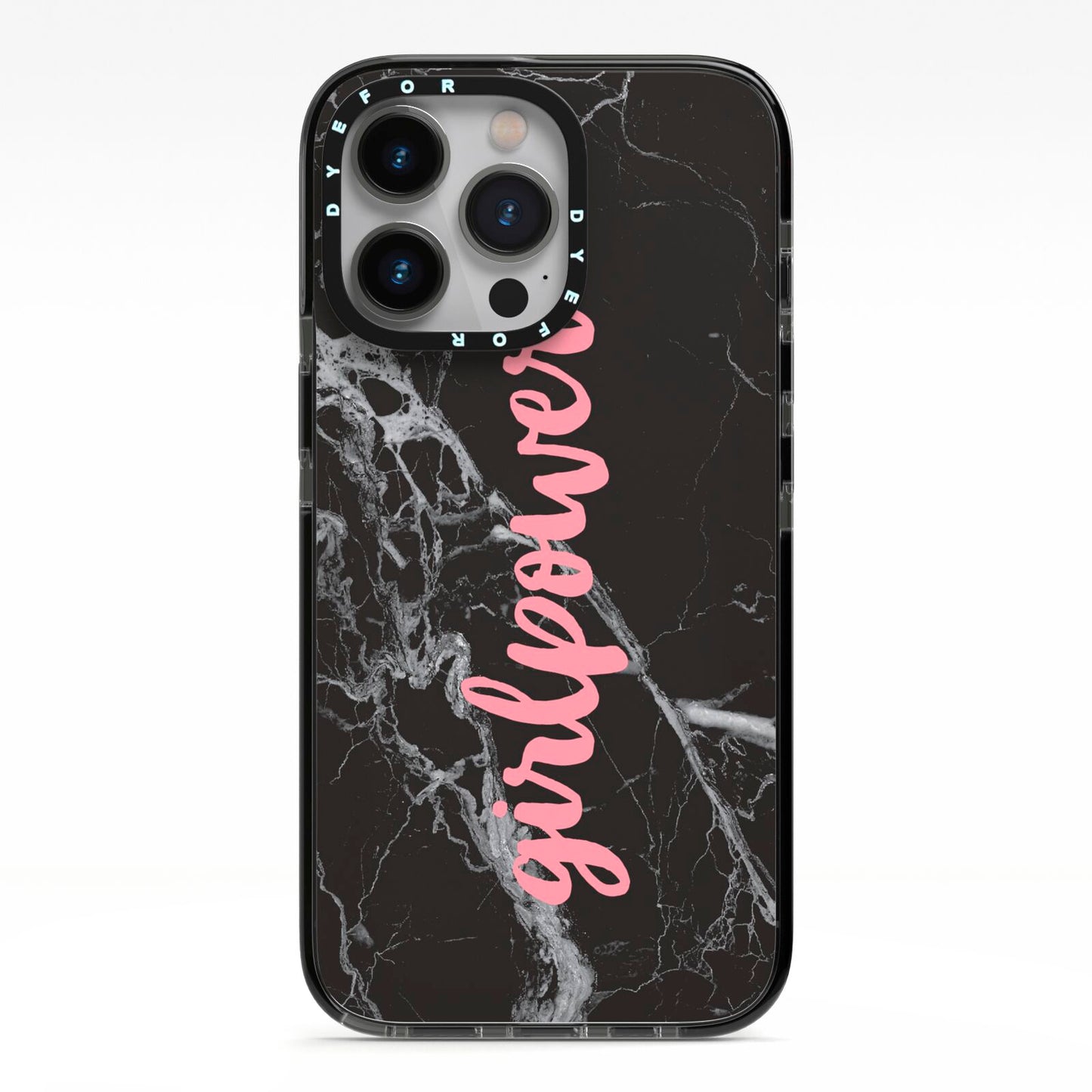 Girlpower Black White Marble Effect iPhone 13 Pro Black Impact Case on Silver phone