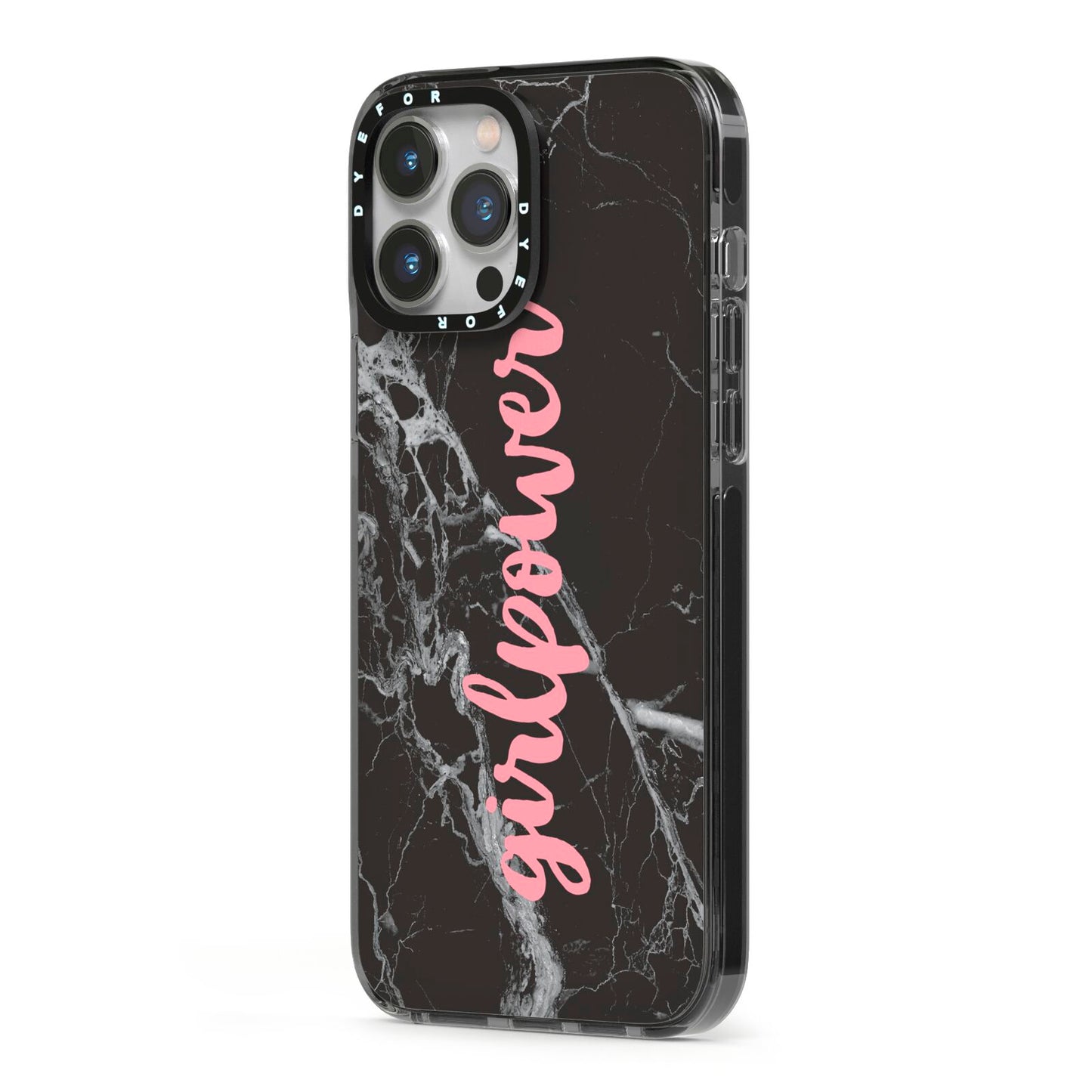 Girlpower Black White Marble Effect iPhone 13 Pro Max Black Impact Case Side Angle on Silver phone