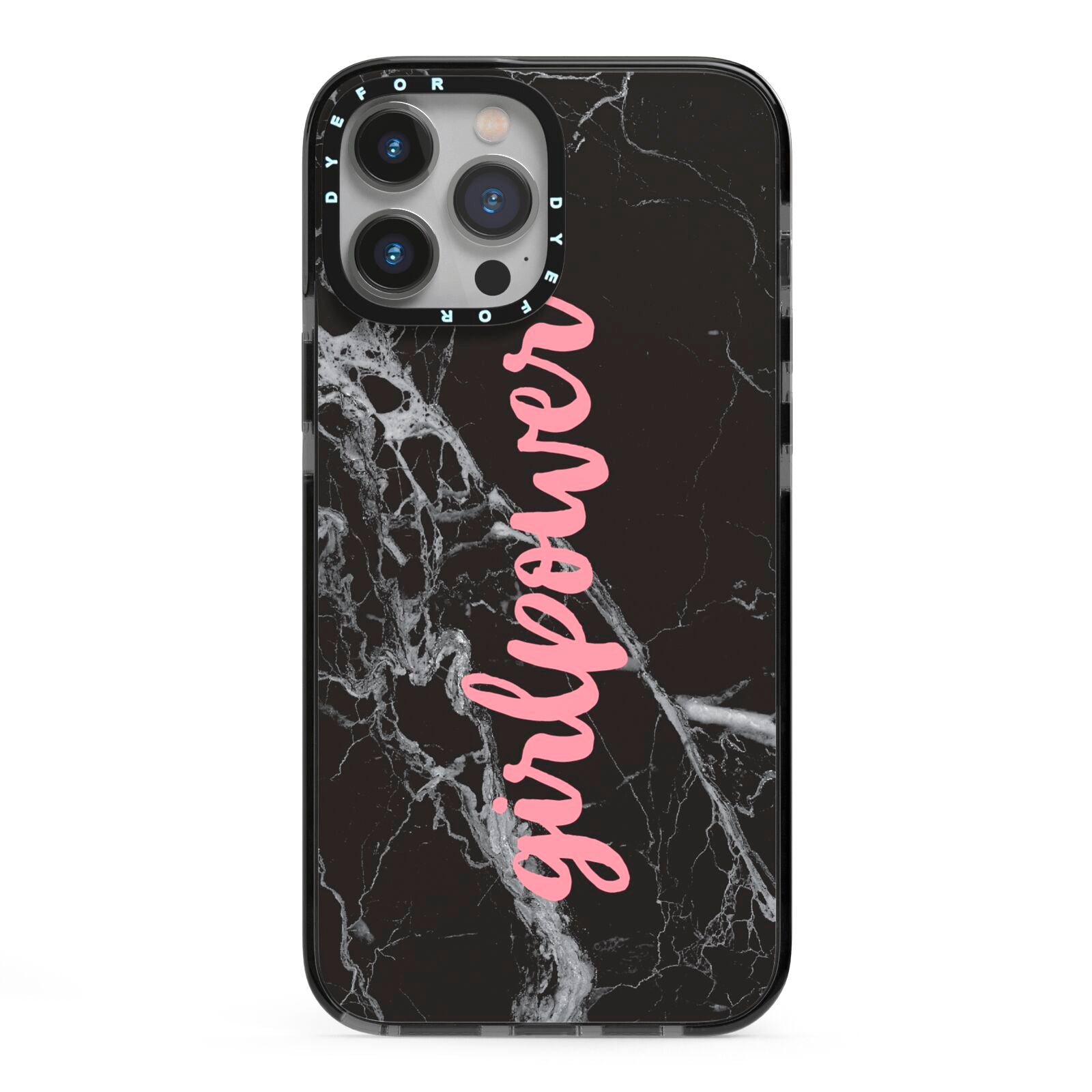 Girlpower Black White Marble Effect iPhone 13 Pro Max Black Impact Case on Silver phone