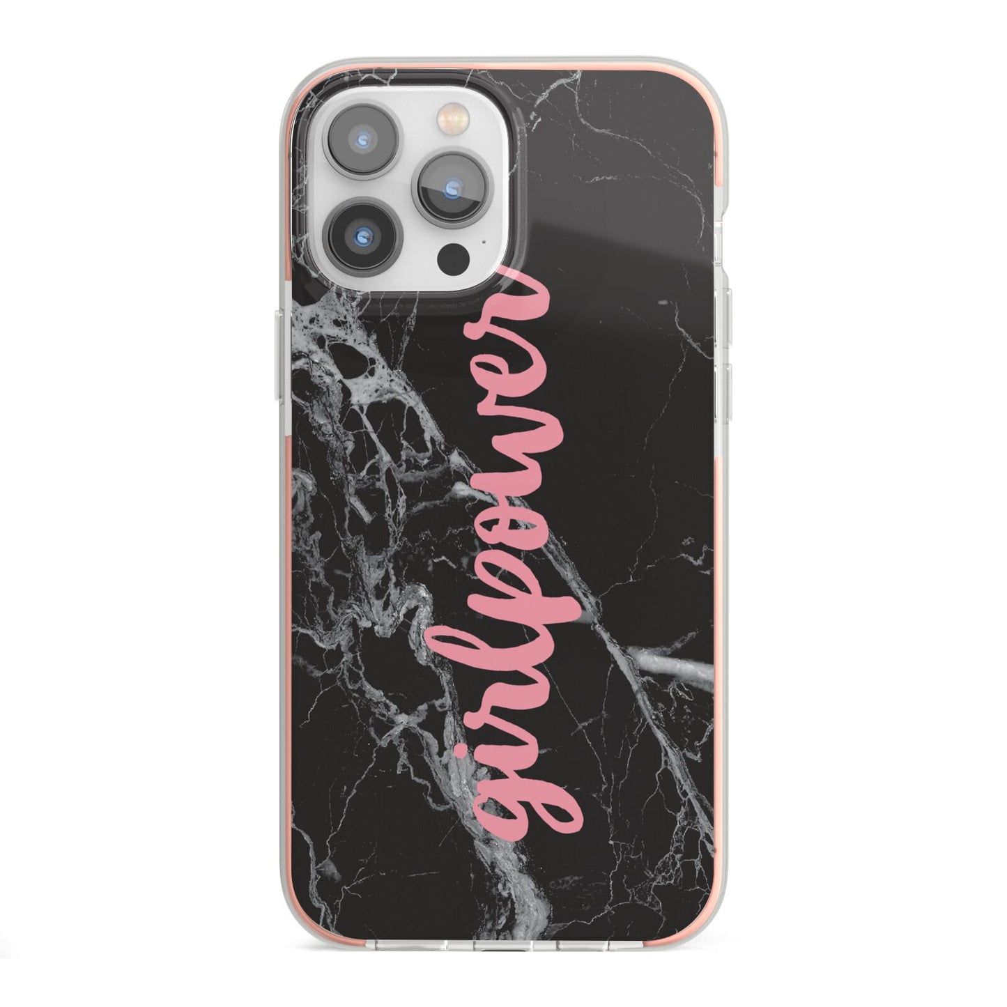 Girlpower Black White Marble Effect iPhone 13 Pro Max TPU Impact Case with Pink Edges