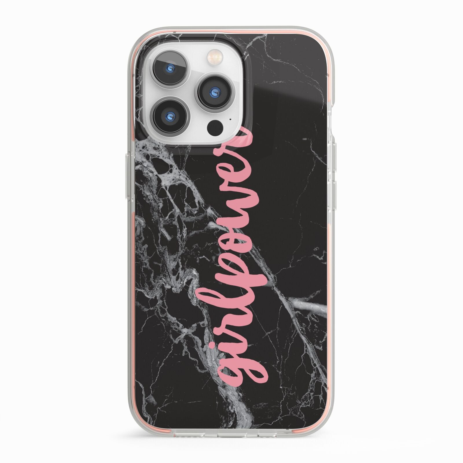 Girlpower Black White Marble Effect iPhone 13 Pro TPU Impact Case with Pink Edges