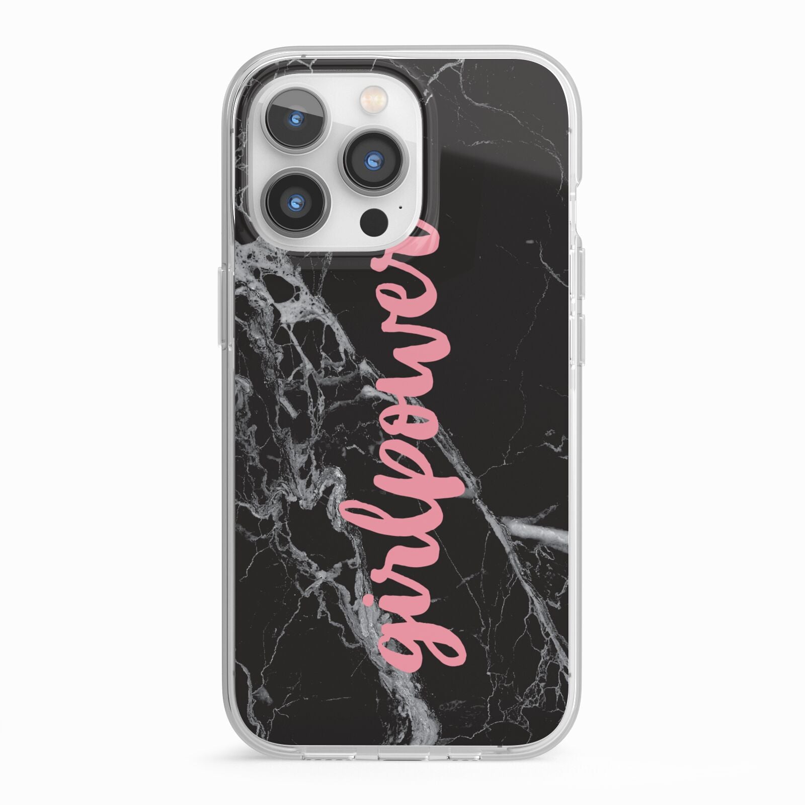 Girlpower Black White Marble Effect iPhone 13 Pro TPU Impact Case with White Edges