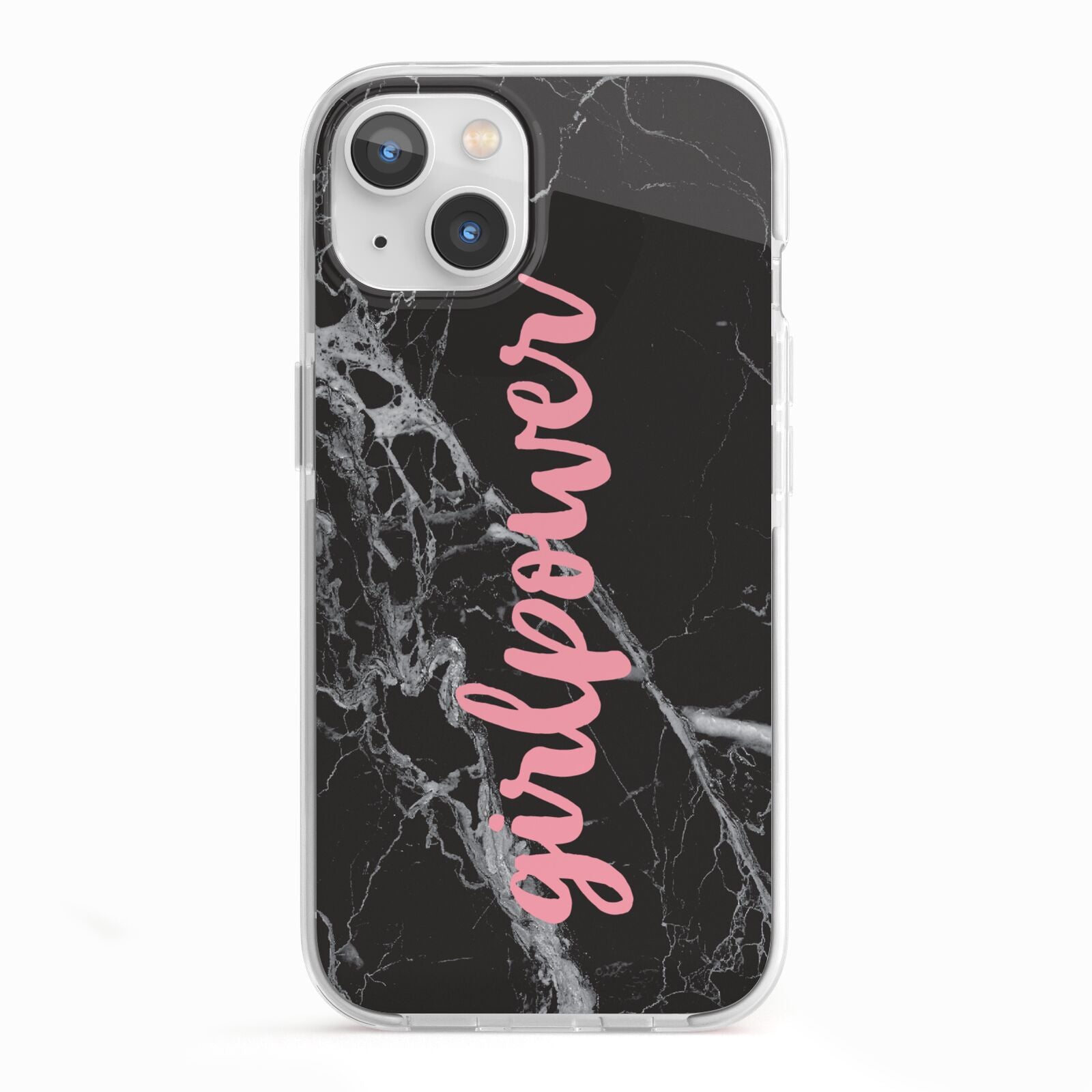 Girlpower Black White Marble Effect iPhone 13 TPU Impact Case with White Edges