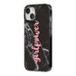Girlpower Black White Marble Effect iPhone 14 Black Impact Case Side Angle on Silver phone