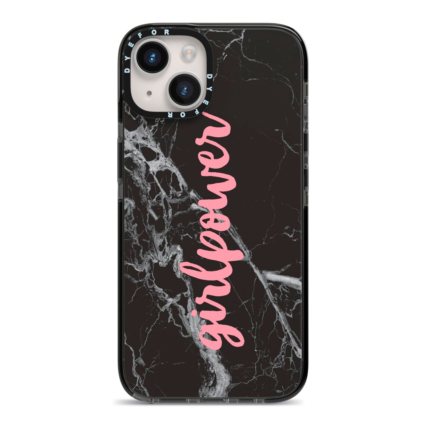 Girlpower Black White Marble Effect iPhone 14 Black Impact Case on Silver phone